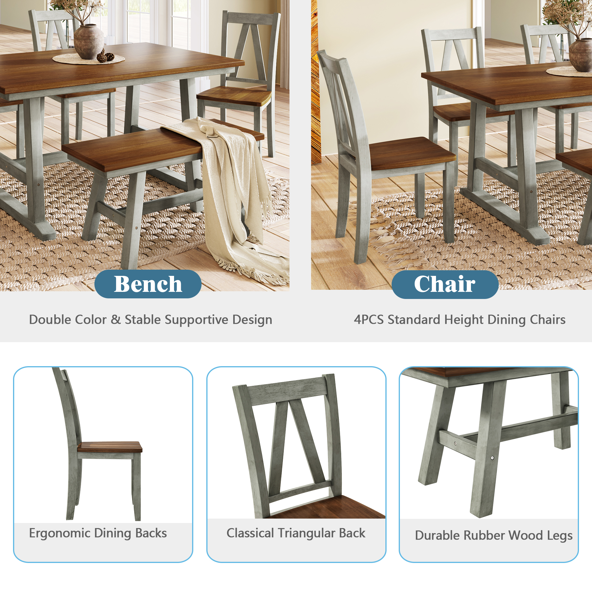 TOPMAX 6-Piece Wood Dining Table Set Kitchen Table Set with Long Bench and 4 Dining Chairs, Farmhouse Style, Walnut+Gray(old sku:SP000256) - Image 5