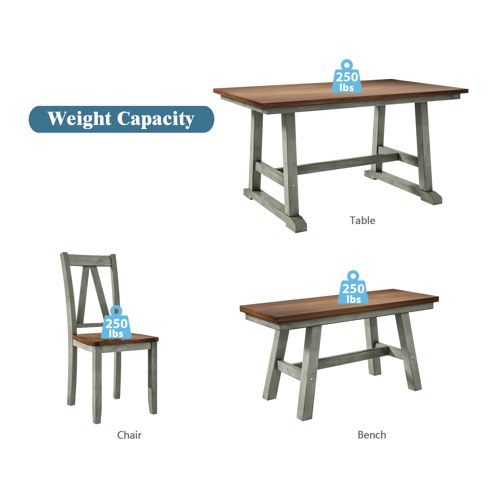 TOPMAX 6-Piece Wood Dining Table Set Kitchen Table Set with Long Bench and 4 Dining Chairs, Farmhouse Style, Walnut+Gray(old sku:SP000256) - Image 6