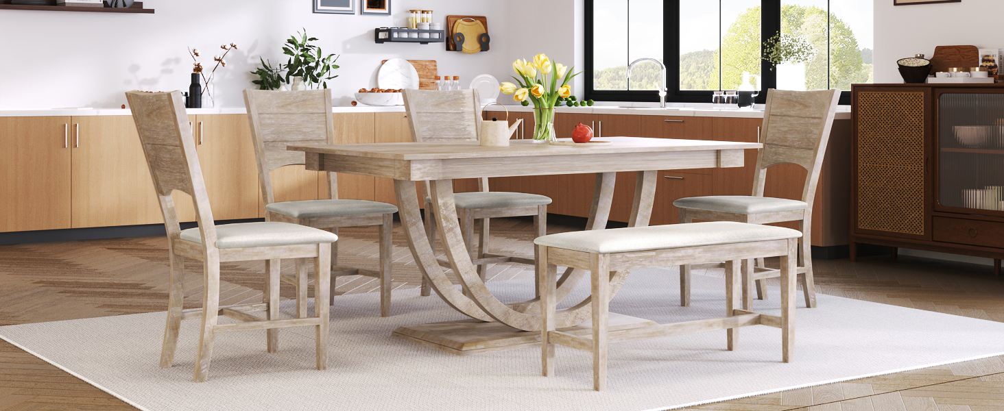 TOPMAX 6-Piece Wood Half Round Dining Table Set Kitchen Table Set with Long Bench and 4 Dining Chairs, Modern Style, Seadrift - Image 2