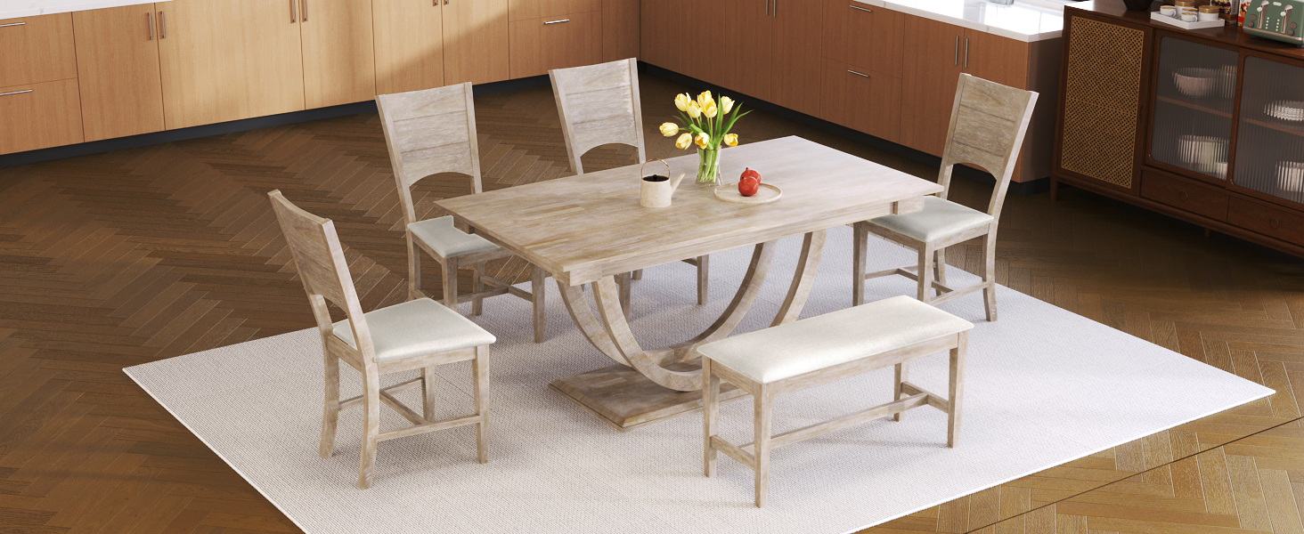 TOPMAX 6-Piece Wood Half Round Dining Table Set Kitchen Table Set with Long Bench and 4 Dining Chairs, Modern Style, Seadrift - Image 3