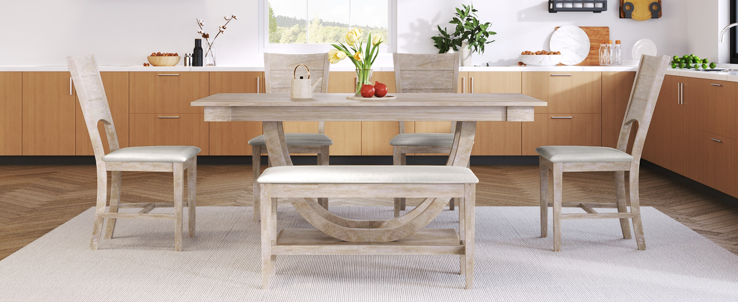 TOPMAX 6-Piece Wood Half Round Dining Table Set Kitchen Table Set with Long Bench and 4 Dining Chairs, Modern Style, Seadrift - Image 4