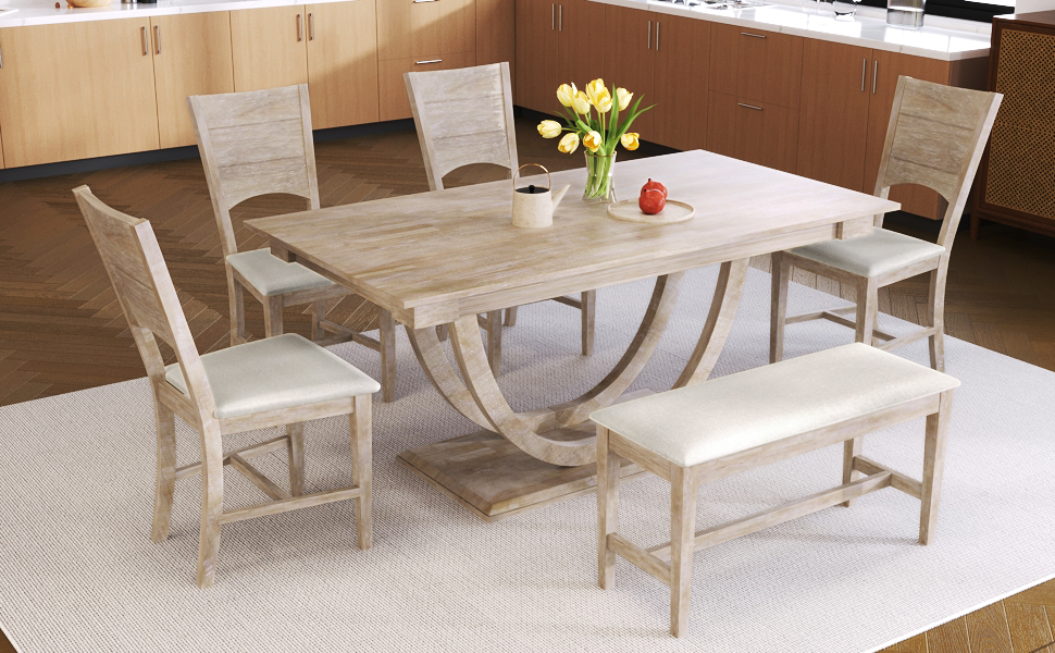 TOPMAX 6-Piece Wood Half Round Dining Table Set Kitchen Table Set with Long Bench and 4 Dining Chairs, Modern Style, Seadrift - Image 5