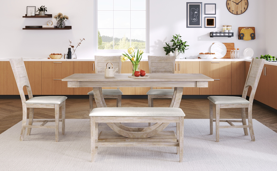 TOPMAX 6-Piece Wood Half Round Dining Table Set Kitchen Table Set with Long Bench and 4 Dining Chairs, Modern Style, Seadrift - Image 6