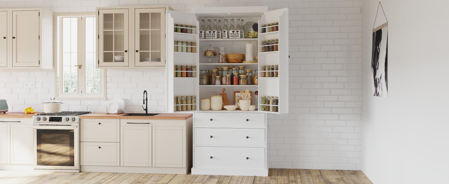TOPMAX 77" Farmhouse Kitchen Pantry, Freestanding Tall Cupboard Storage Cabinet with 3 Adjustable Shelves, 8 Door Shelves, 3 Drawers for Kitchen, Dining Room, White (SP000047) - Image 2