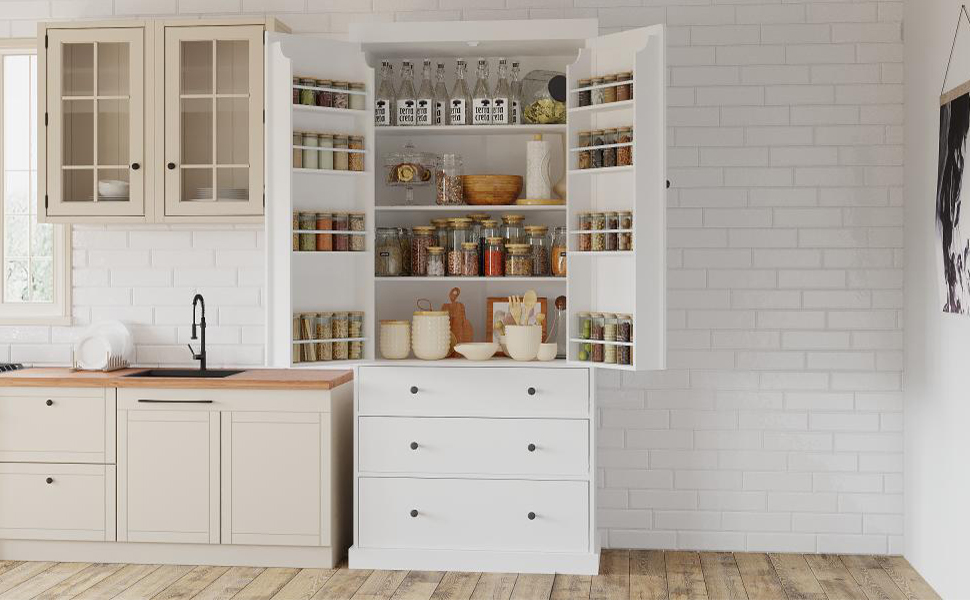 TOPMAX 77" Farmhouse Kitchen Pantry, Freestanding Tall Cupboard Storage Cabinet with 3 Adjustable Shelves, 8 Door Shelves, 3 Drawers for Kitchen, Dining Room, White (SP000047) - Image 3