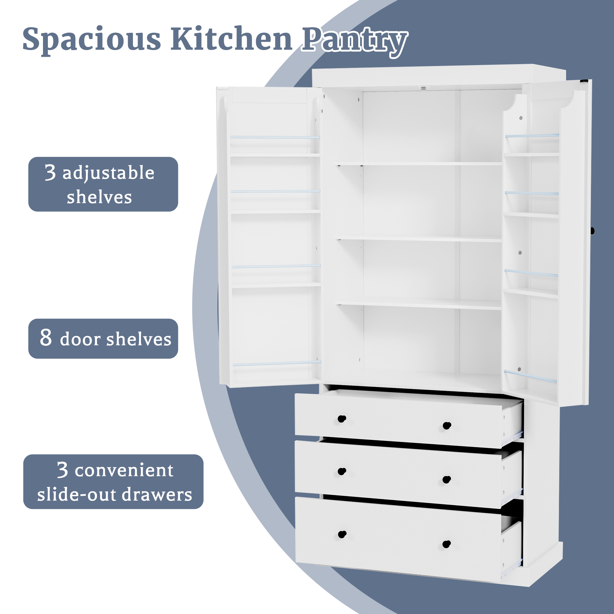 TOPMAX 77" Farmhouse Kitchen Pantry, Freestanding Tall Cupboard Storage Cabinet with 3 Adjustable Shelves, 8 Door Shelves, 3 Drawers for Kitchen, Dining Room, White (SP000047) - Image 4