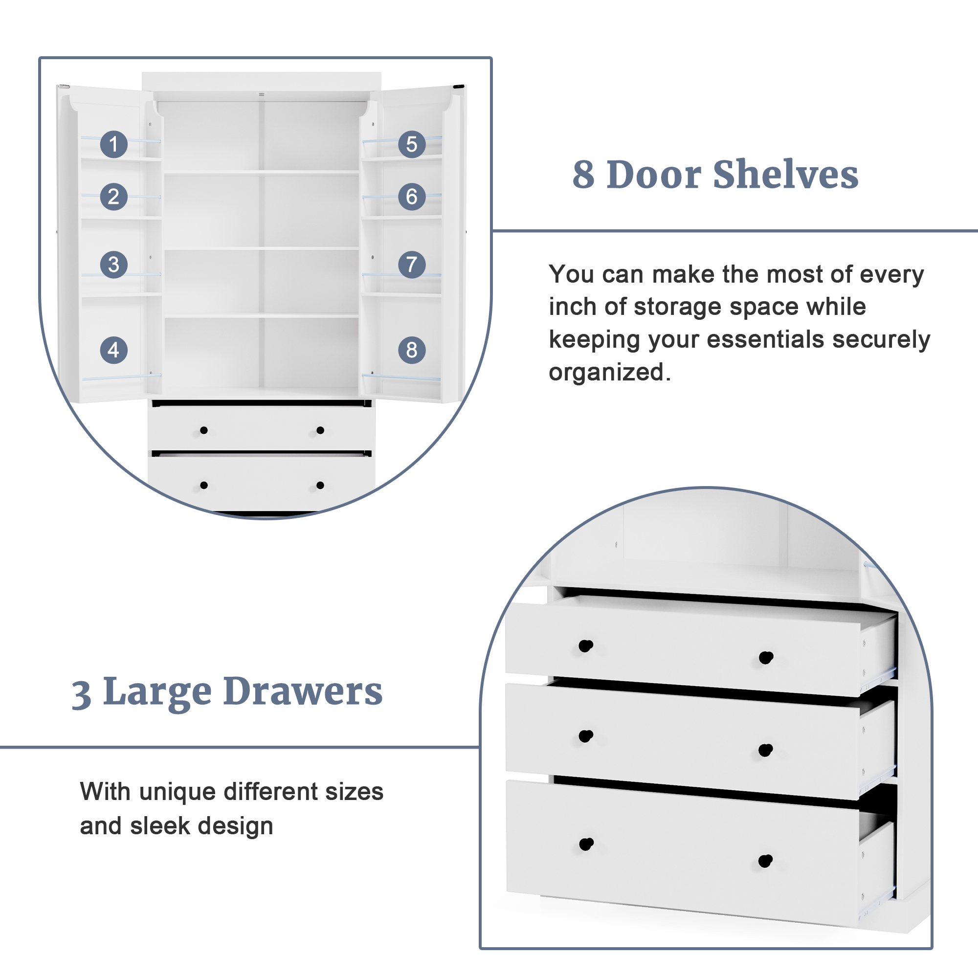 TOPMAX 77" Farmhouse Kitchen Pantry, Freestanding Tall Cupboard Storage Cabinet with 3 Adjustable Shelves, 8 Door Shelves, 3 Drawers for Kitchen, Dining Room, White (SP000047) - Image 5