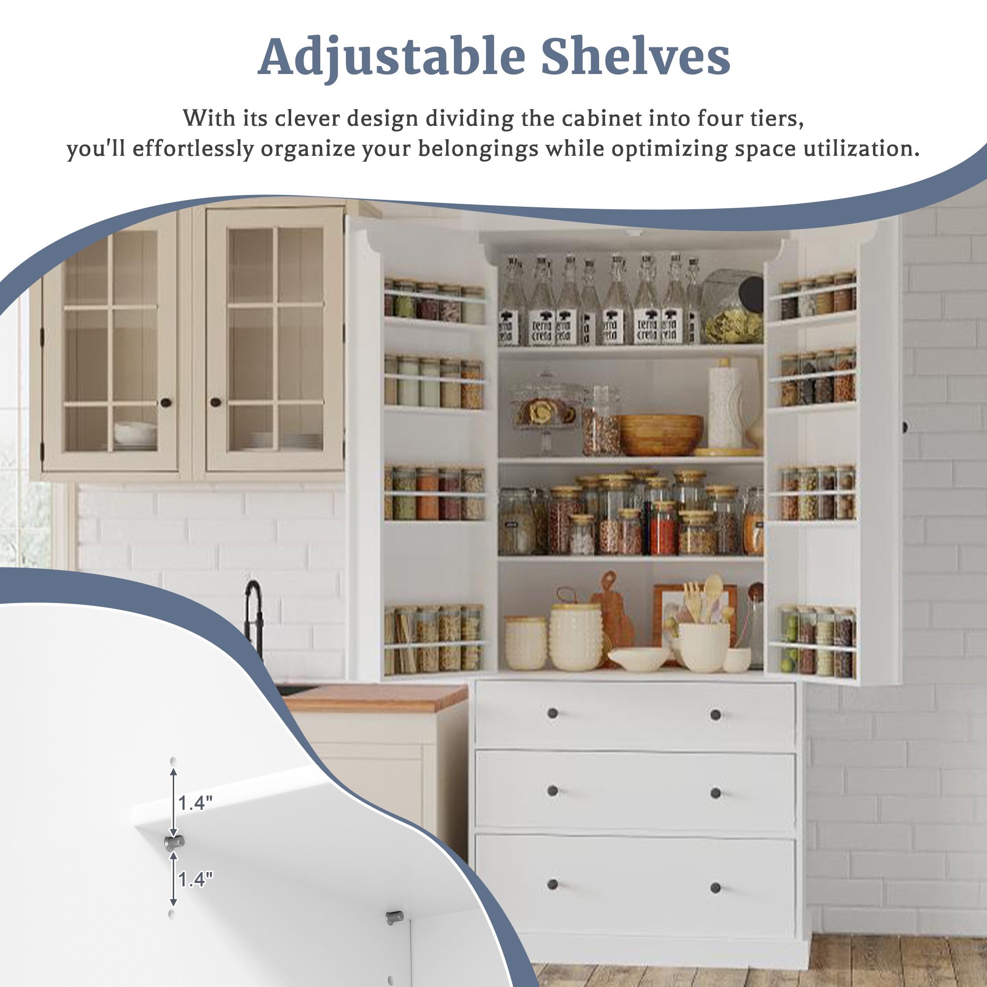 TOPMAX 77" Farmhouse Kitchen Pantry, Freestanding Tall Cupboard Storage Cabinet with 3 Adjustable Shelves, 8 Door Shelves, 3 Drawers for Kitchen, Dining Room, White (SP000047) - Image 6