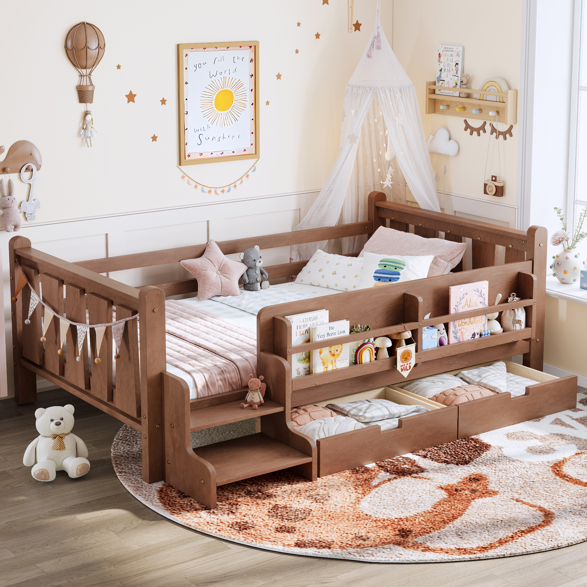 Twin Size Floor Bed with Storage Bookcases and Drawers, Solid Wood Kids Floor Bed with Cute Stairs and Guardrails, No Box Spring Needed, Natural - Image 1