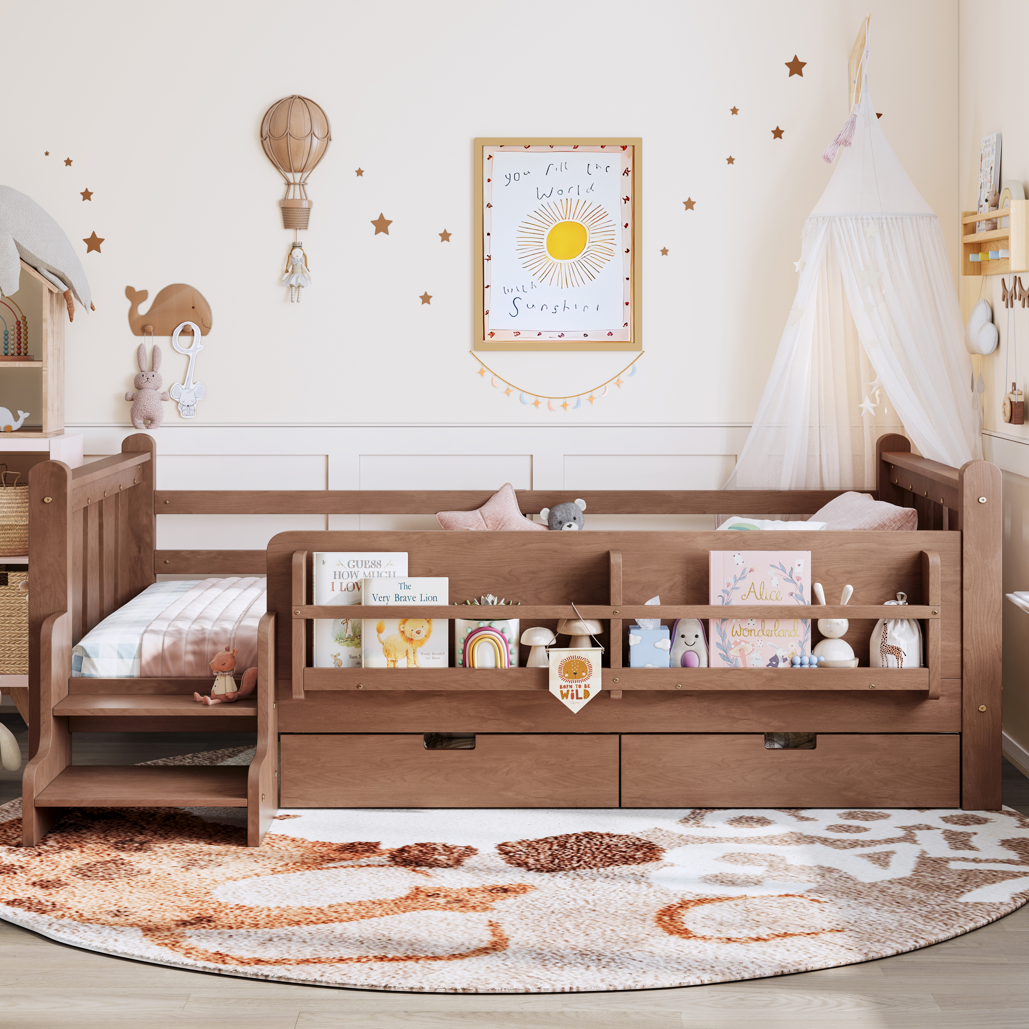 Twin Size Floor Bed with Storage Bookcases and Drawers, Solid Wood Kids Floor Bed with Cute Stairs and Guardrails, No Box Spring Needed, Natural - Image 2