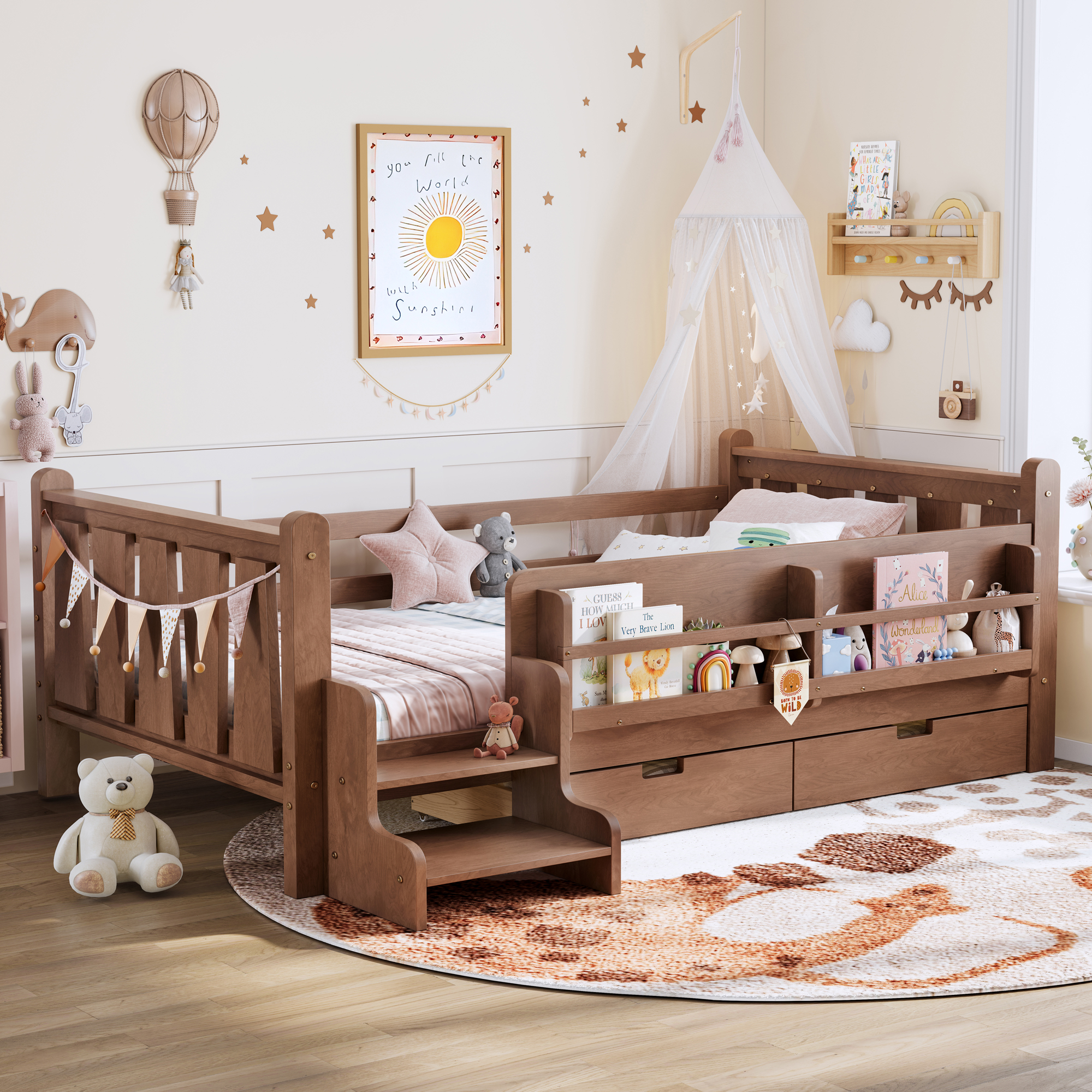 Twin Size Floor Bed with Storage Bookcases and Drawers, Solid Wood Kids Floor Bed with Cute Stairs and Guardrails, No Box Spring Needed, Natural - Image 3