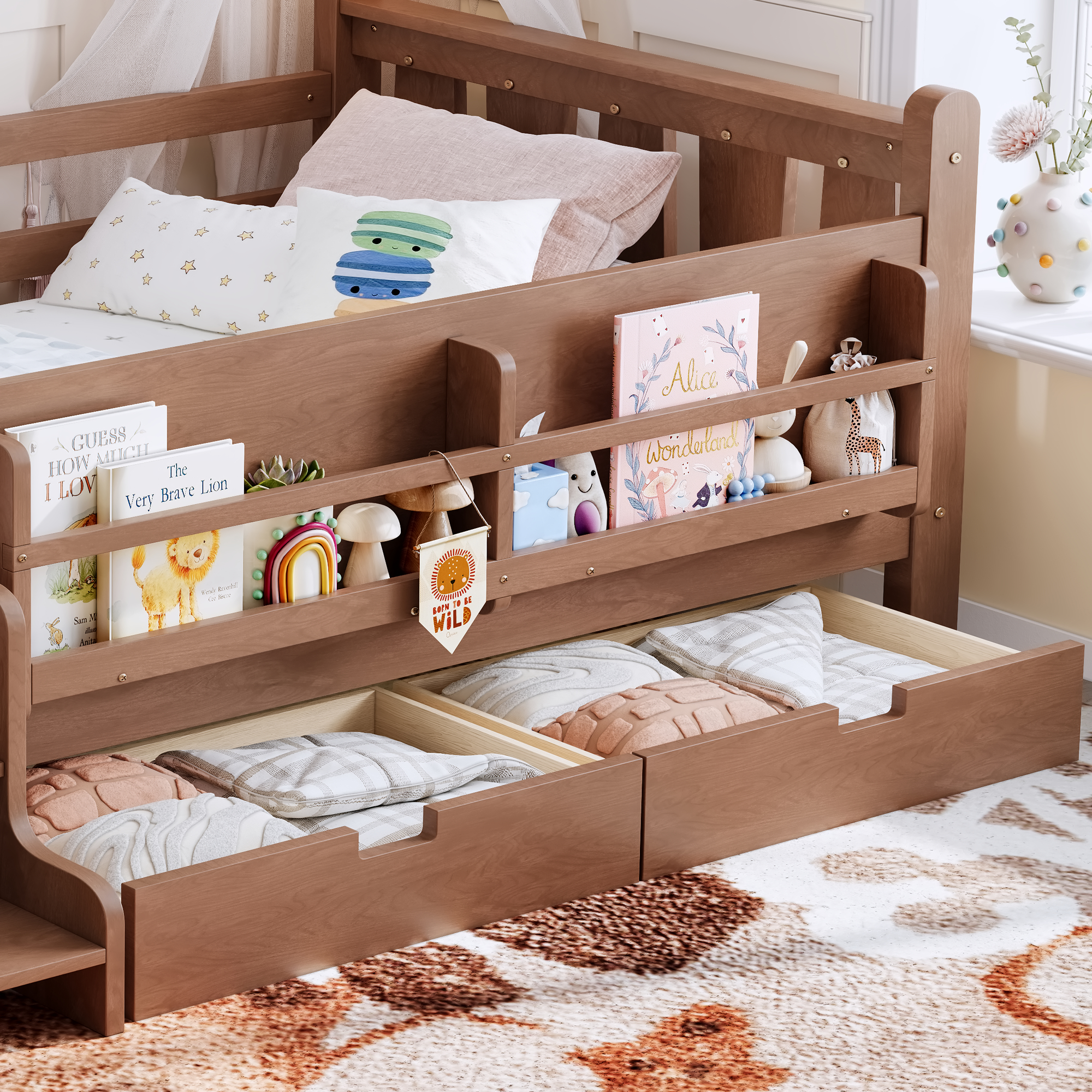 Twin Size Floor Bed with Storage Bookcases and Drawers, Solid Wood Kids Floor Bed with Cute Stairs and Guardrails, No Box Spring Needed, Natural - Image 4