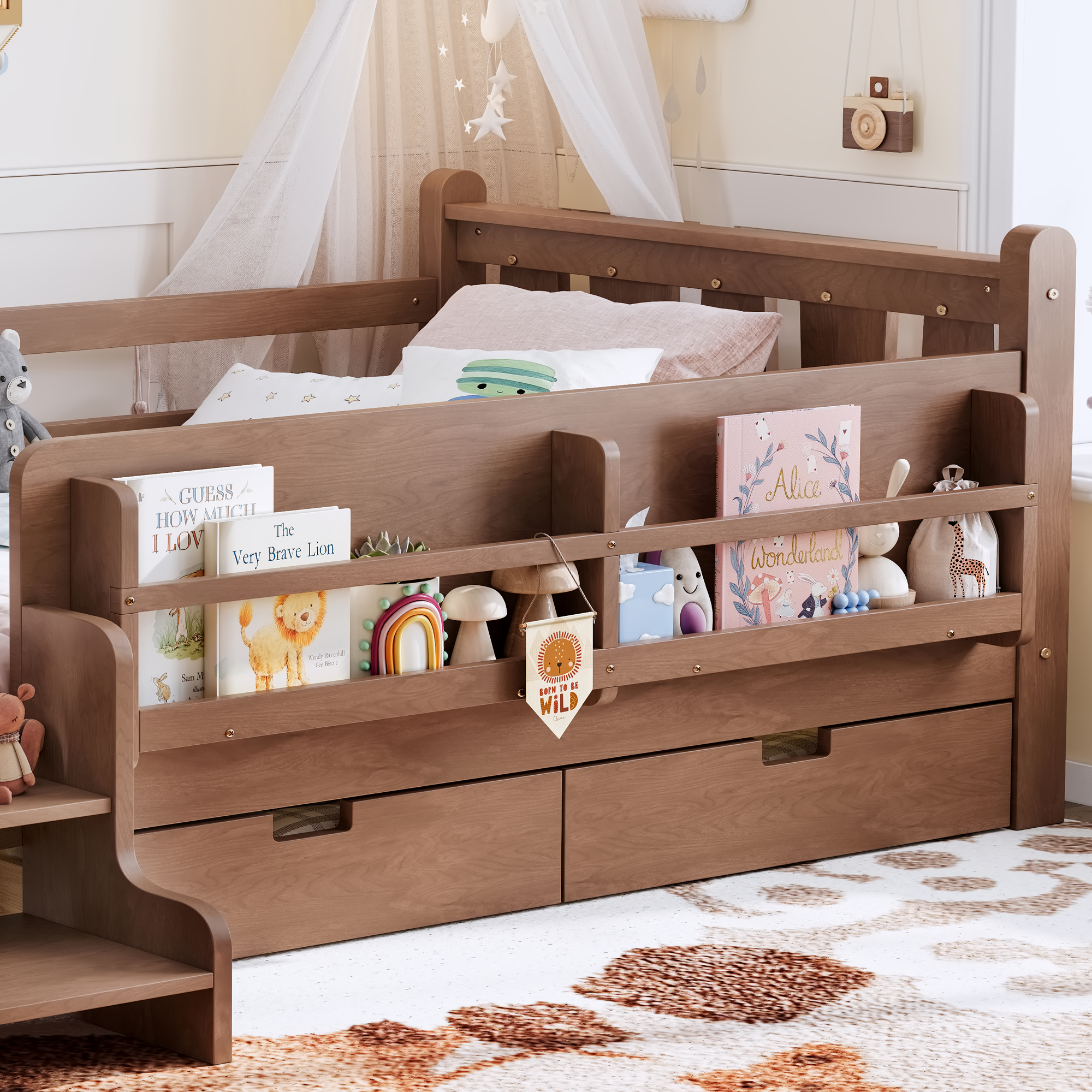 Twin Size Floor Bed with Storage Bookcases and Drawers, Solid Wood Kids Floor Bed with Cute Stairs and Guardrails, No Box Spring Needed, Natural - Image 5
