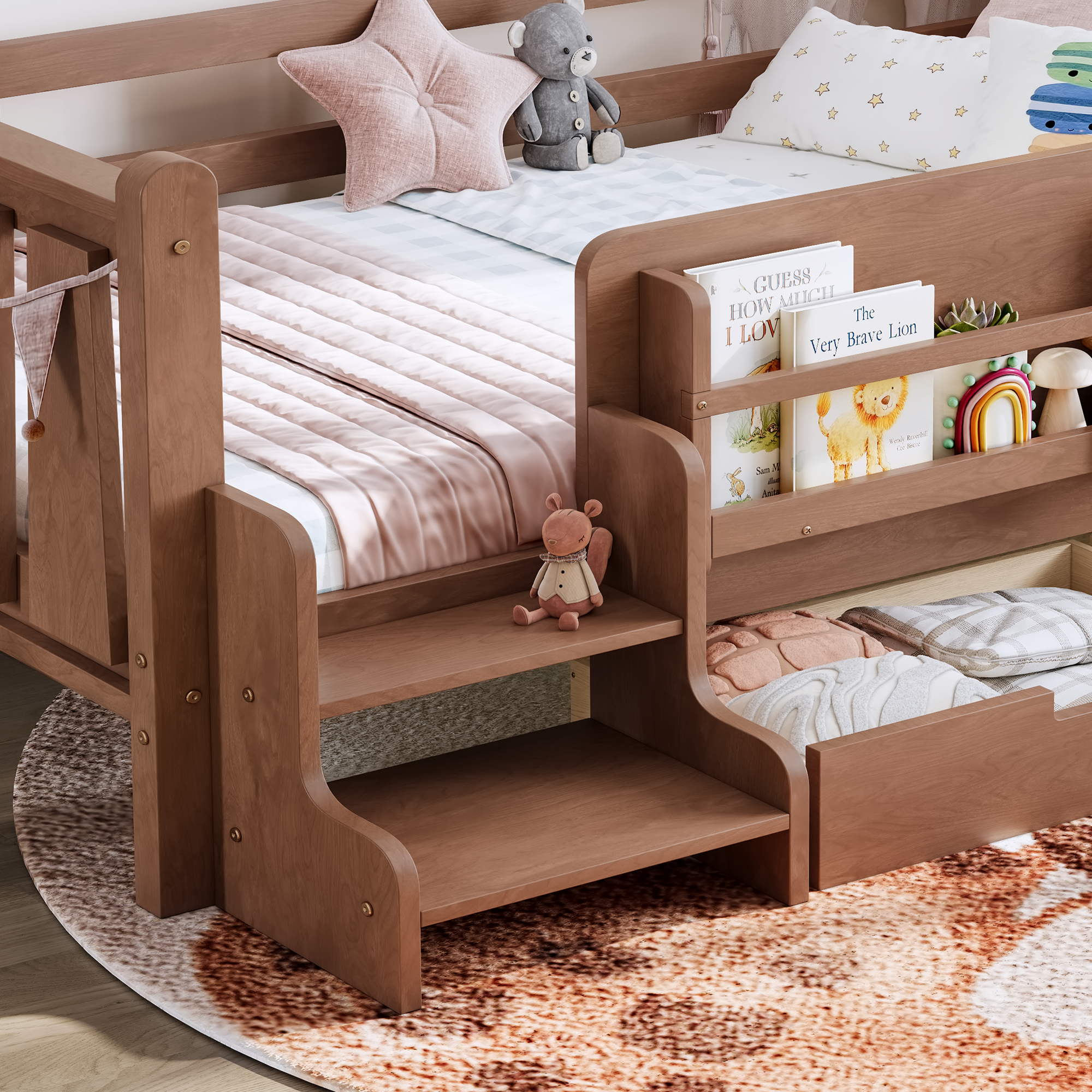 Twin Size Floor Bed with Storage Bookcases and Drawers, Solid Wood Kids Floor Bed with Cute Stairs and Guardrails, No Box Spring Needed, Natural - Image 6