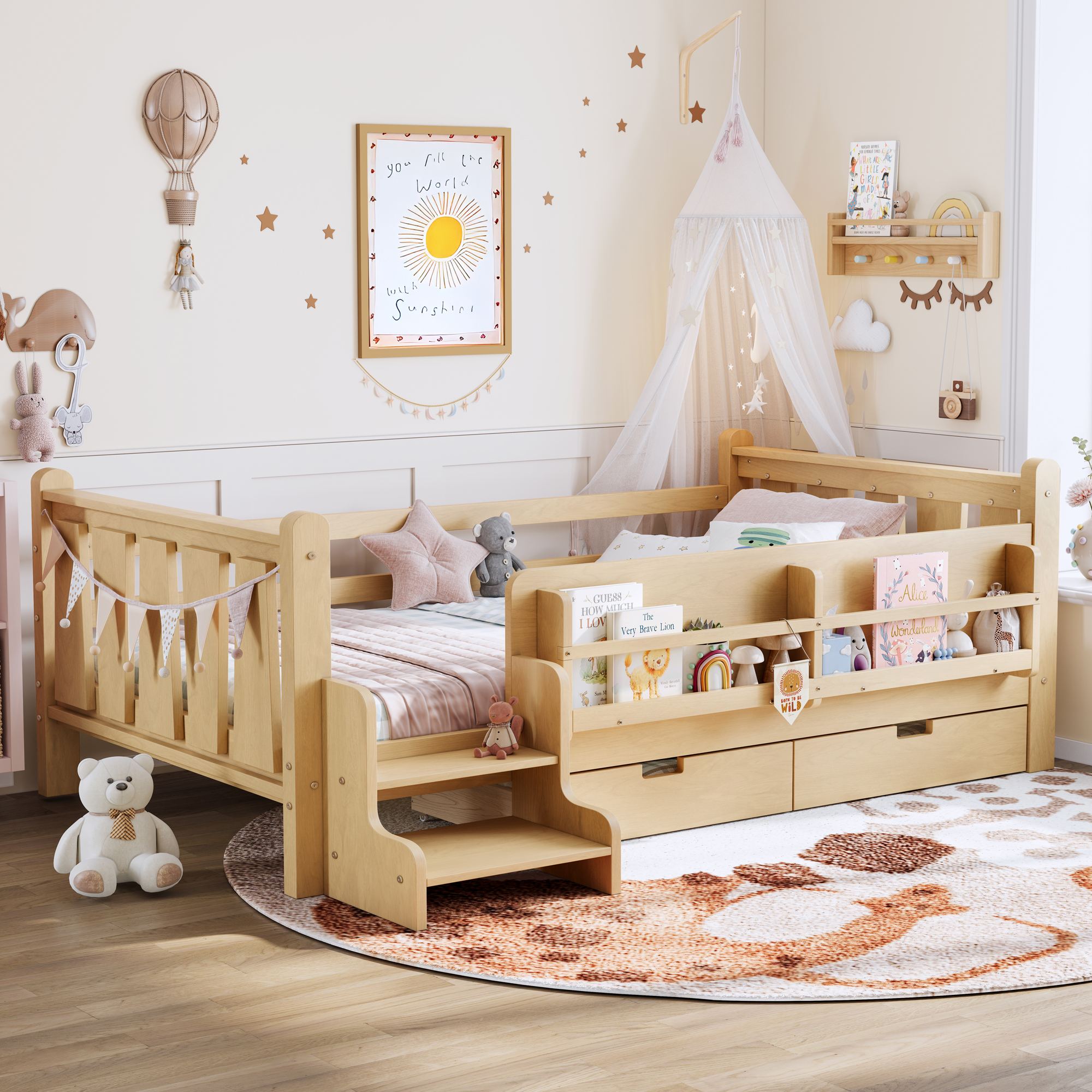 Twin Size Floor Bed with Storage Bookcases and Drawers, Solid Wood Kids Floor Bed with Cute Stairs and Guardrails, No Box Spring Needed, Light Natural - Image 2