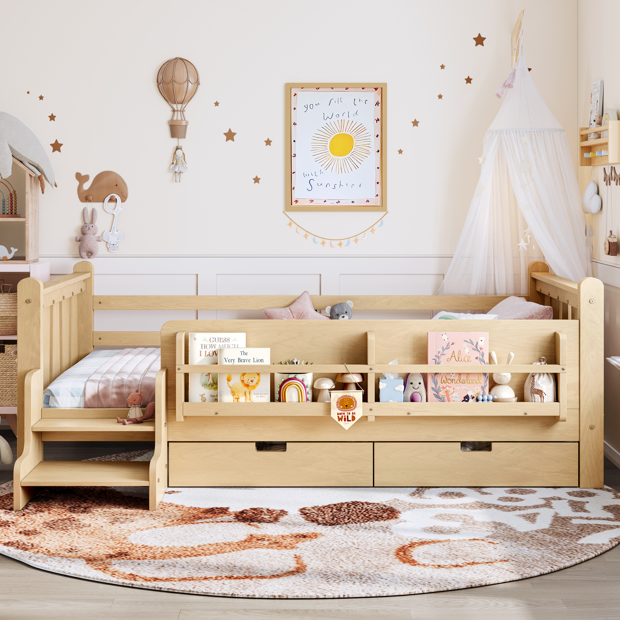Twin Size Floor Bed with Storage Bookcases and Drawers, Solid Wood Kids Floor Bed with Cute Stairs and Guardrails, No Box Spring Needed, Light Natural - Image 3