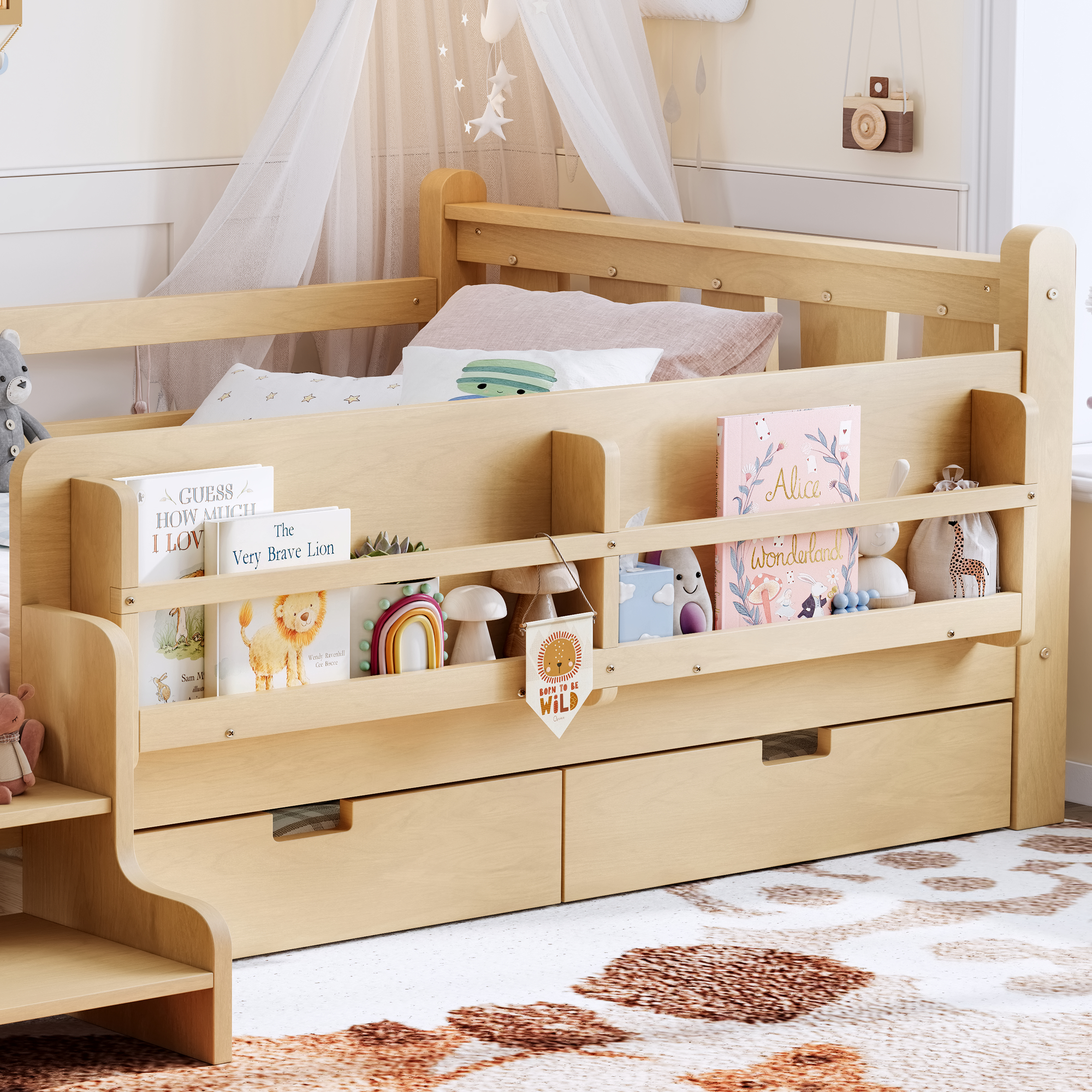 Twin Size Floor Bed with Storage Bookcases and Drawers, Solid Wood Kids Floor Bed with Cute Stairs and Guardrails, No Box Spring Needed, Light Natural - Image 4