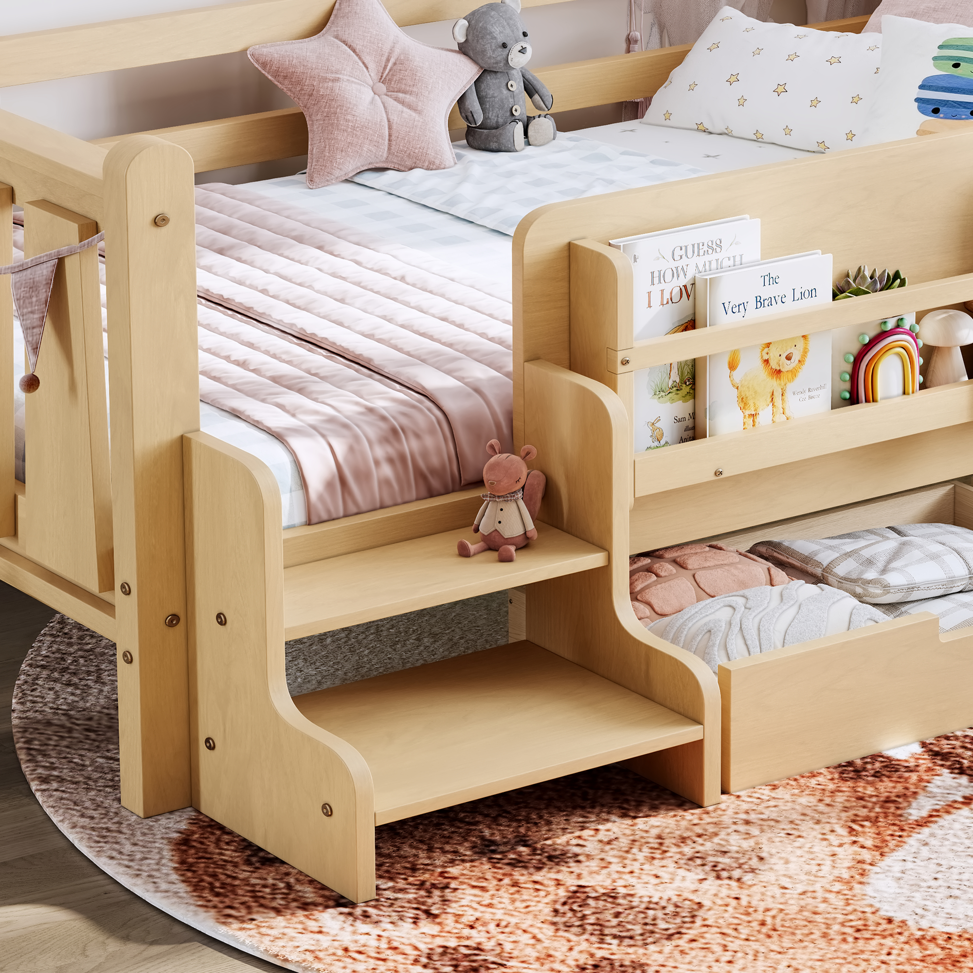 Twin Size Floor Bed with Storage Bookcases and Drawers, Solid Wood Kids Floor Bed with Cute Stairs and Guardrails, No Box Spring Needed, Light Natural - Image 5