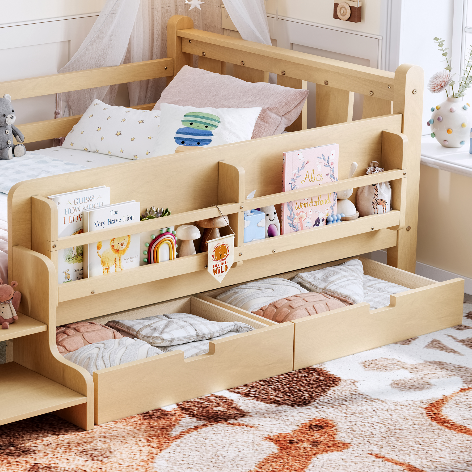 Twin Size Floor Bed with Storage Bookcases and Drawers, Solid Wood Kids Floor Bed with Cute Stairs and Guardrails, No Box Spring Needed, Light Natural - Image 6