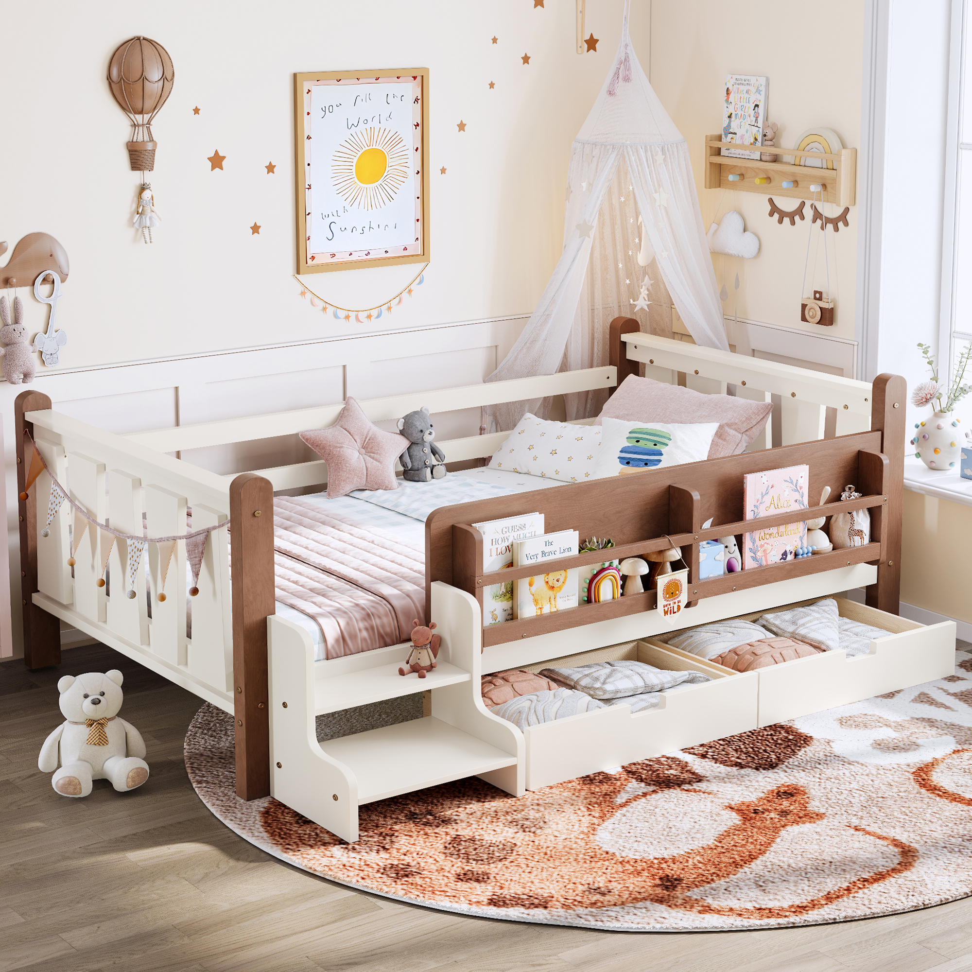 Twin Size Floor Bed with Storage Bookcases and Drawers, Solid Wood Kids Floor Bed with Cute Stairs and Guardrails, No Box Spring Needed, Beige