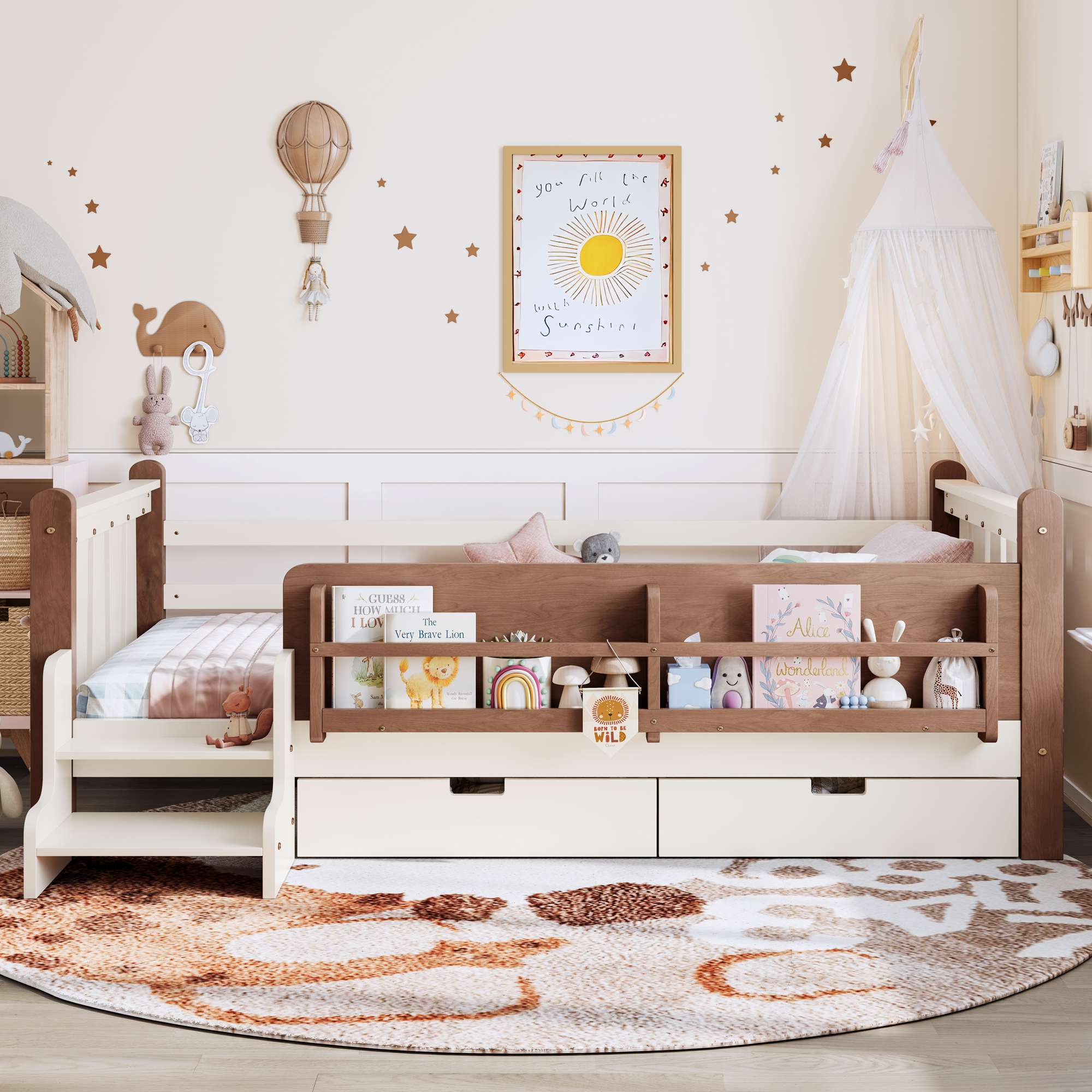 Twin Size Floor Bed with Storage Bookcases and Drawers, Solid Wood Kids Floor Bed with Cute Stairs and Guardrails, No Box Spring Needed, Beige - Image 2