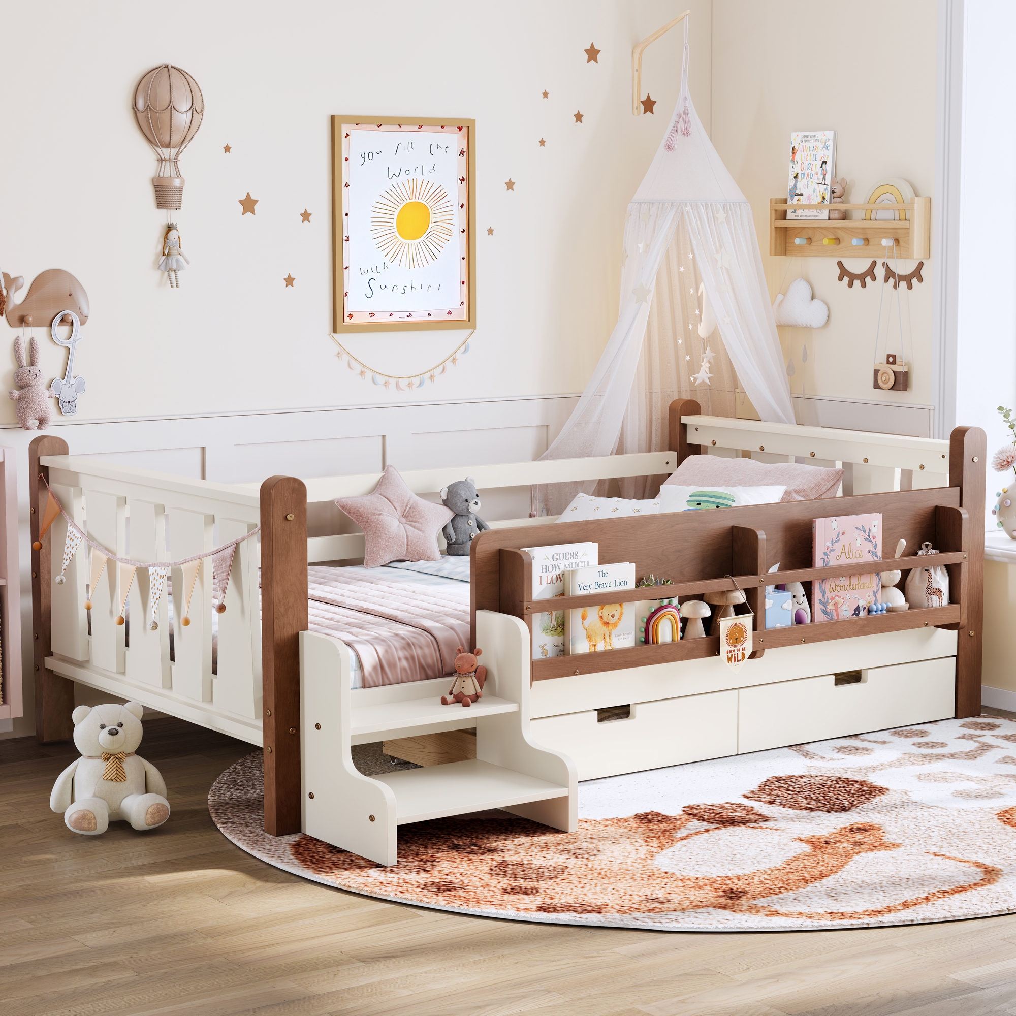Twin Size Floor Bed with Storage Bookcases and Drawers, Solid Wood Kids Floor Bed with Cute Stairs and Guardrails, No Box Spring Needed, Beige - Image 3