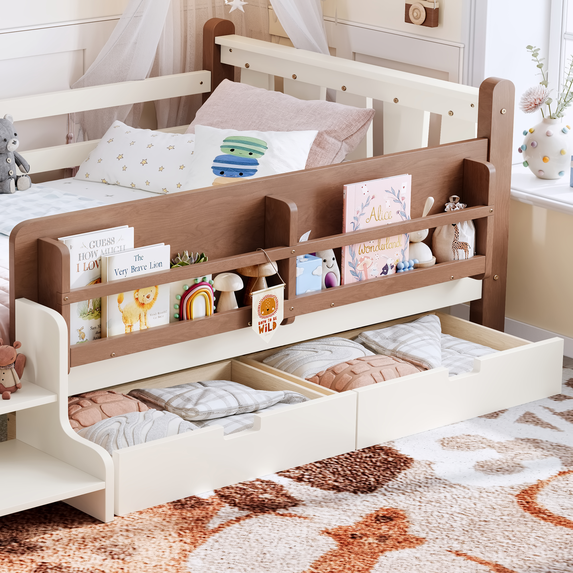Twin Size Floor Bed with Storage Bookcases and Drawers, Solid Wood Kids Floor Bed with Cute Stairs and Guardrails, No Box Spring Needed, Beige - Image 4