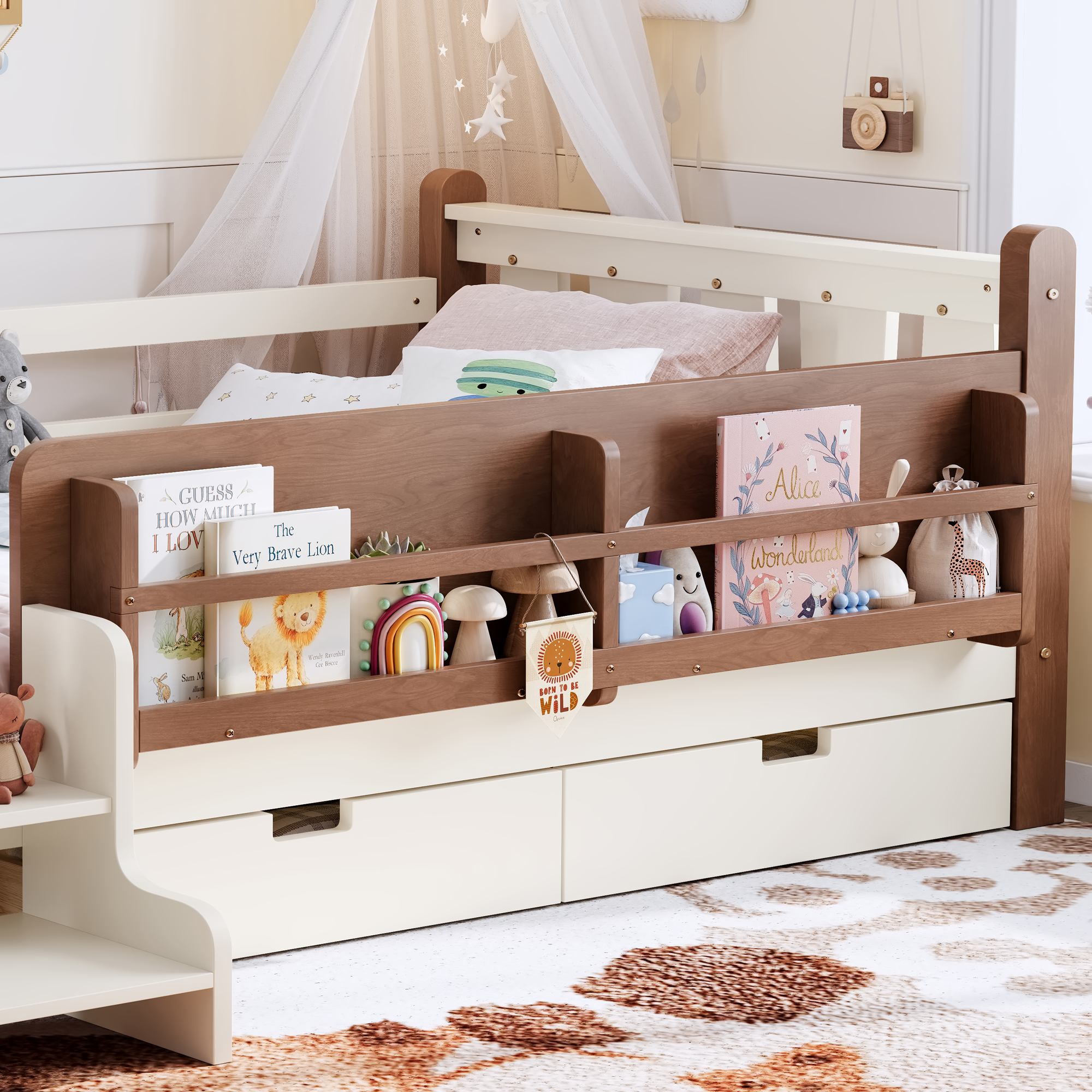 Twin Size Floor Bed with Storage Bookcases and Drawers, Solid Wood Kids Floor Bed with Cute Stairs and Guardrails, No Box Spring Needed, Beige - Image 5
