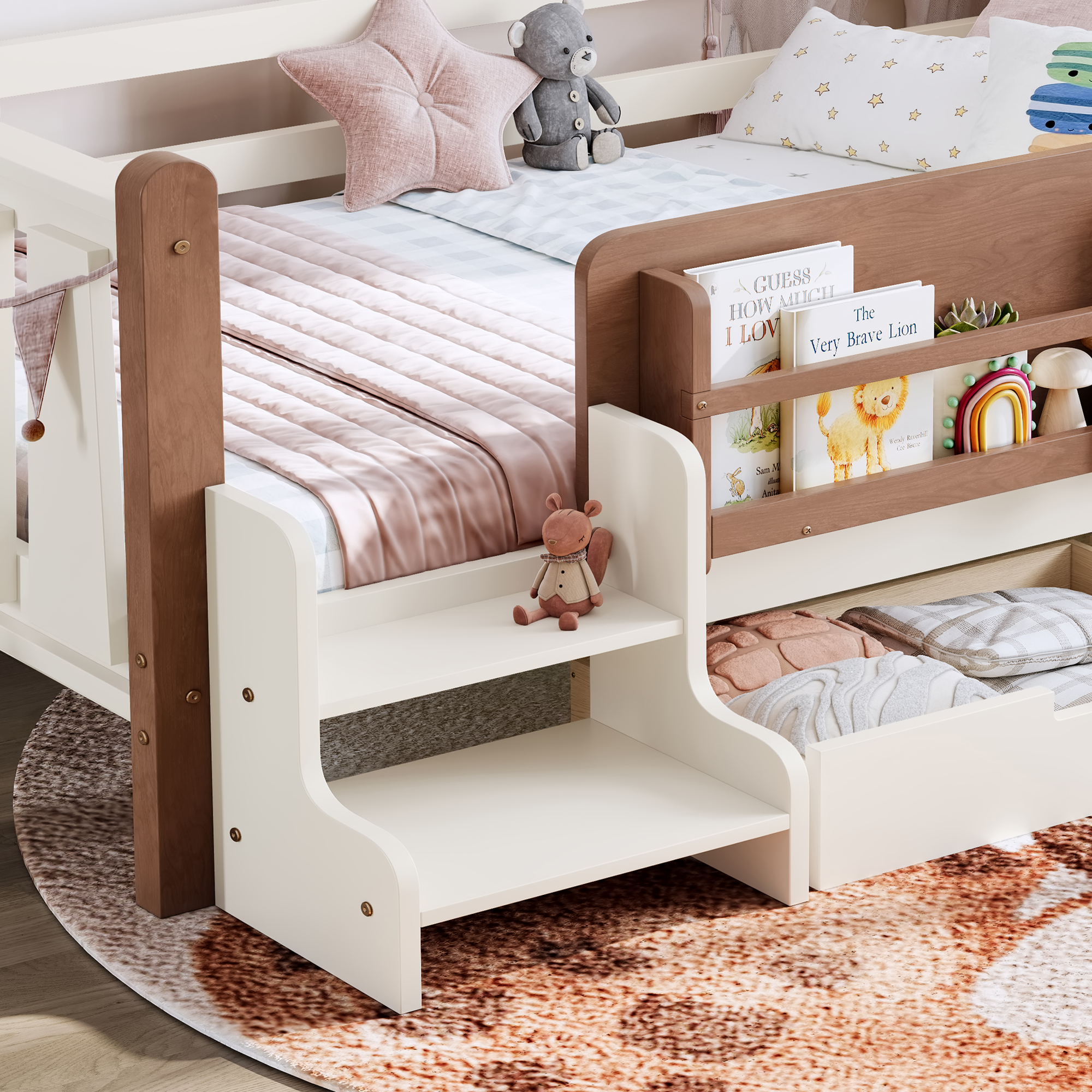 Twin Size Floor Bed with Storage Bookcases and Drawers, Solid Wood Kids Floor Bed with Cute Stairs and Guardrails, No Box Spring Needed, Beige - Image 6