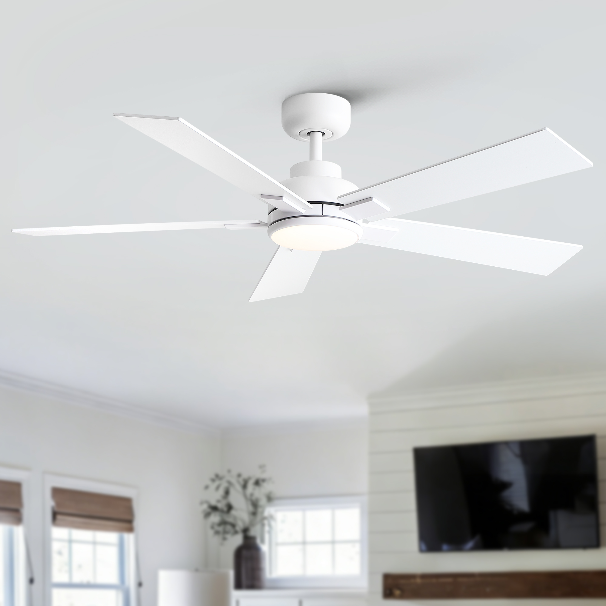 52" Matte White Modern Reversible Motor Integrated LED Dimmable Ceiling Fan with Light and Remote - Image 2
