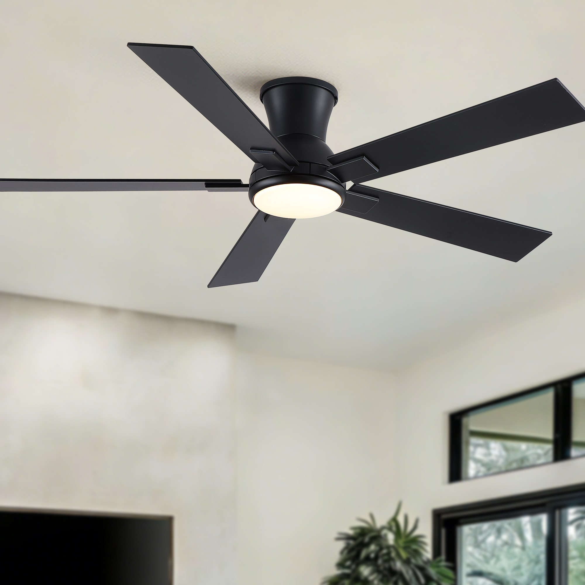 52" Matte Black Modern Low Profile Flush Mount Intergrated LED Ceiling Fan with Light and Reversible Quiet Motor - Image 2