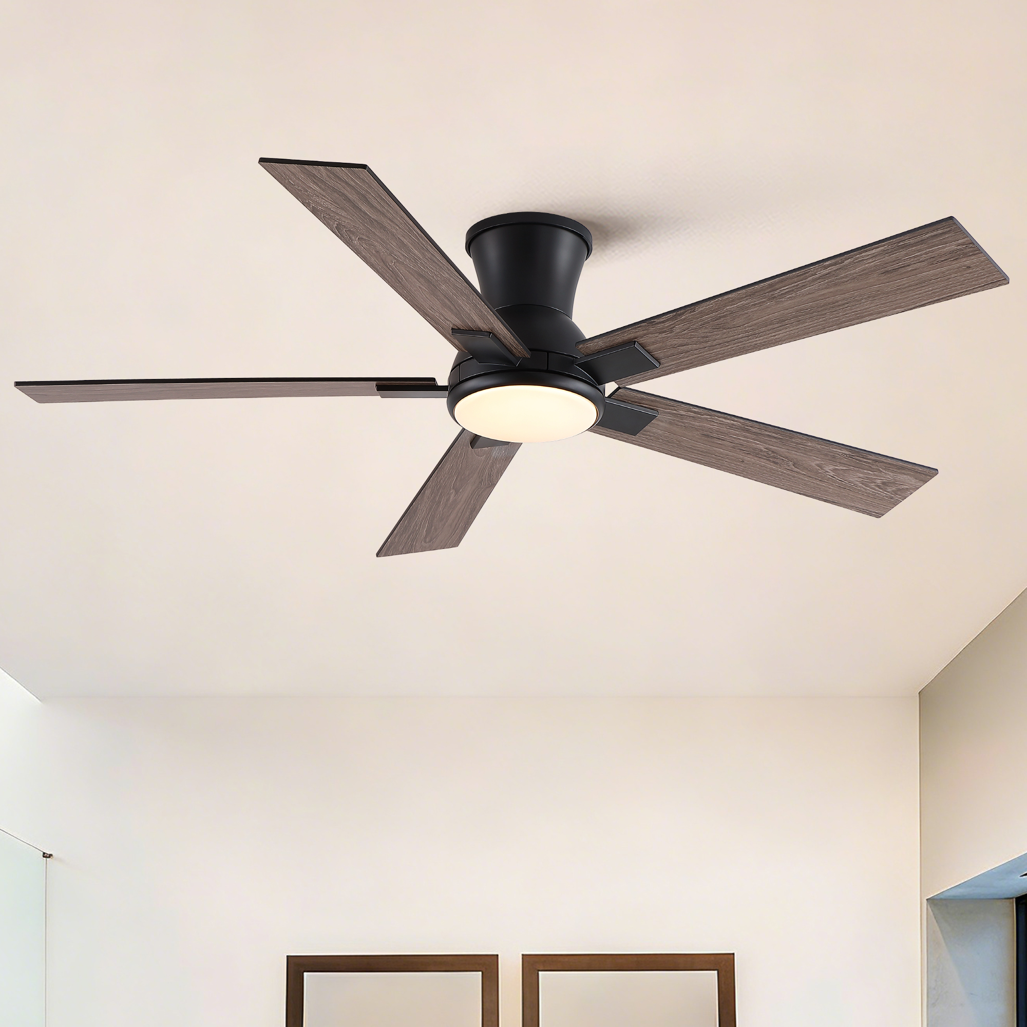 52" Matte Black Modern Low Profile Flush Mount Intergrated LED Ceiling Fan with Light and Reversible Quiet Motor - Image 3