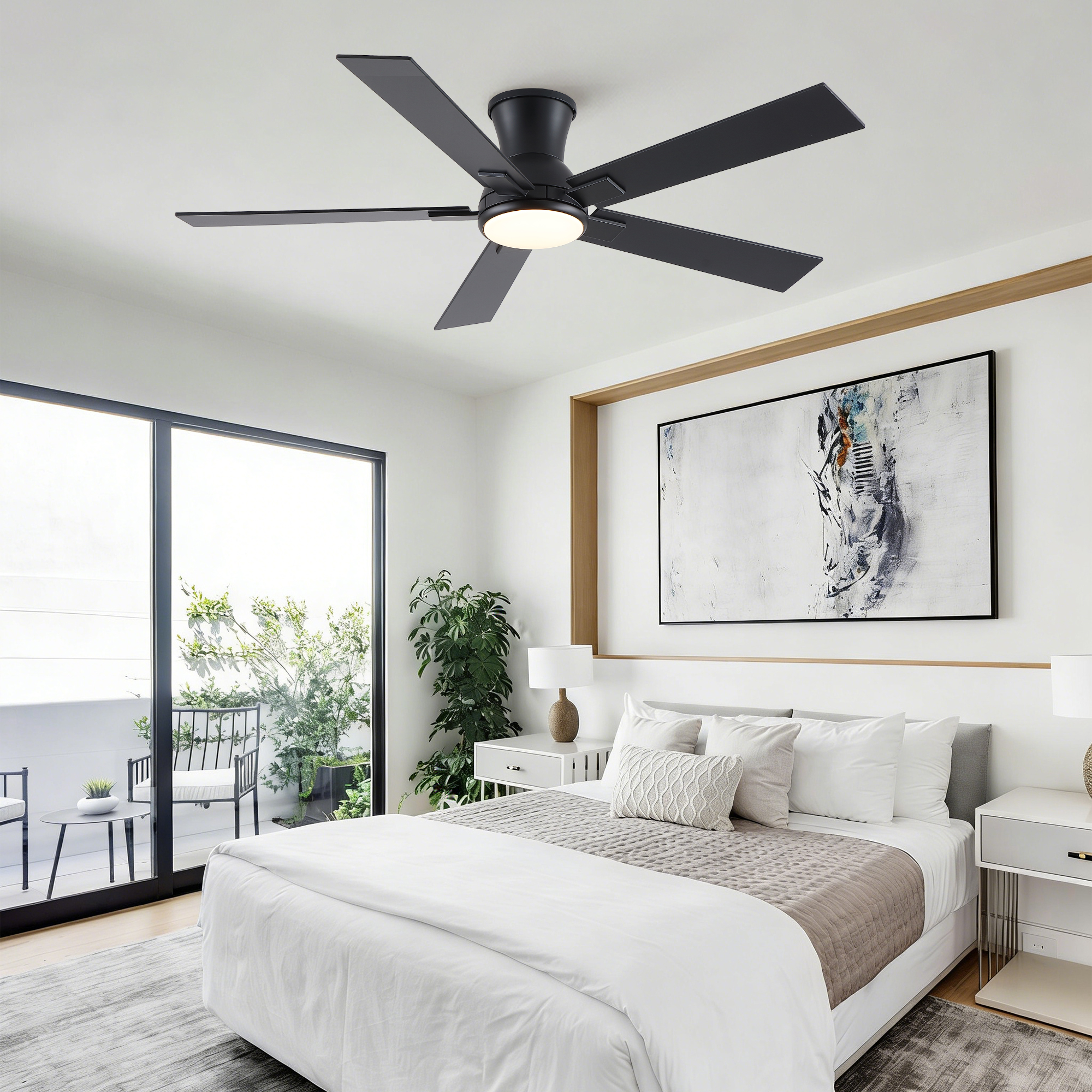 52" Matte Black Modern Low Profile Flush Mount Intergrated LED Ceiling Fan with Light and Reversible Quiet Motor - Image 4