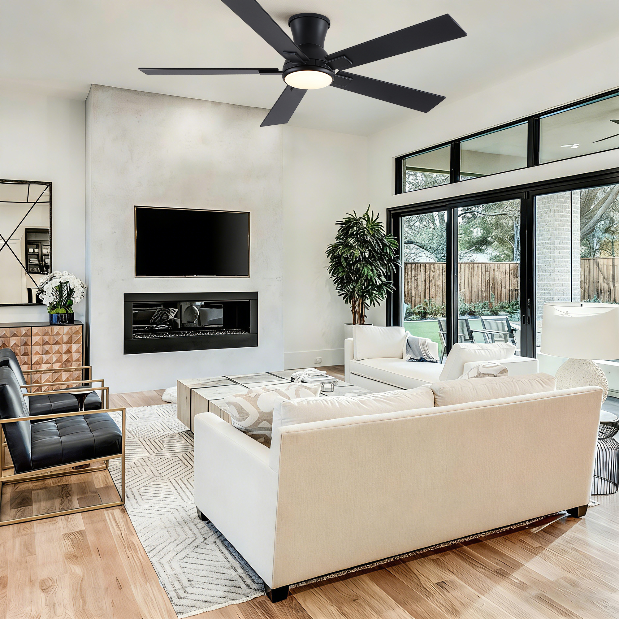 52" Matte Black Modern Low Profile Flush Mount Intergrated LED Ceiling Fan with Light and Reversible Quiet Motor - Image 5
