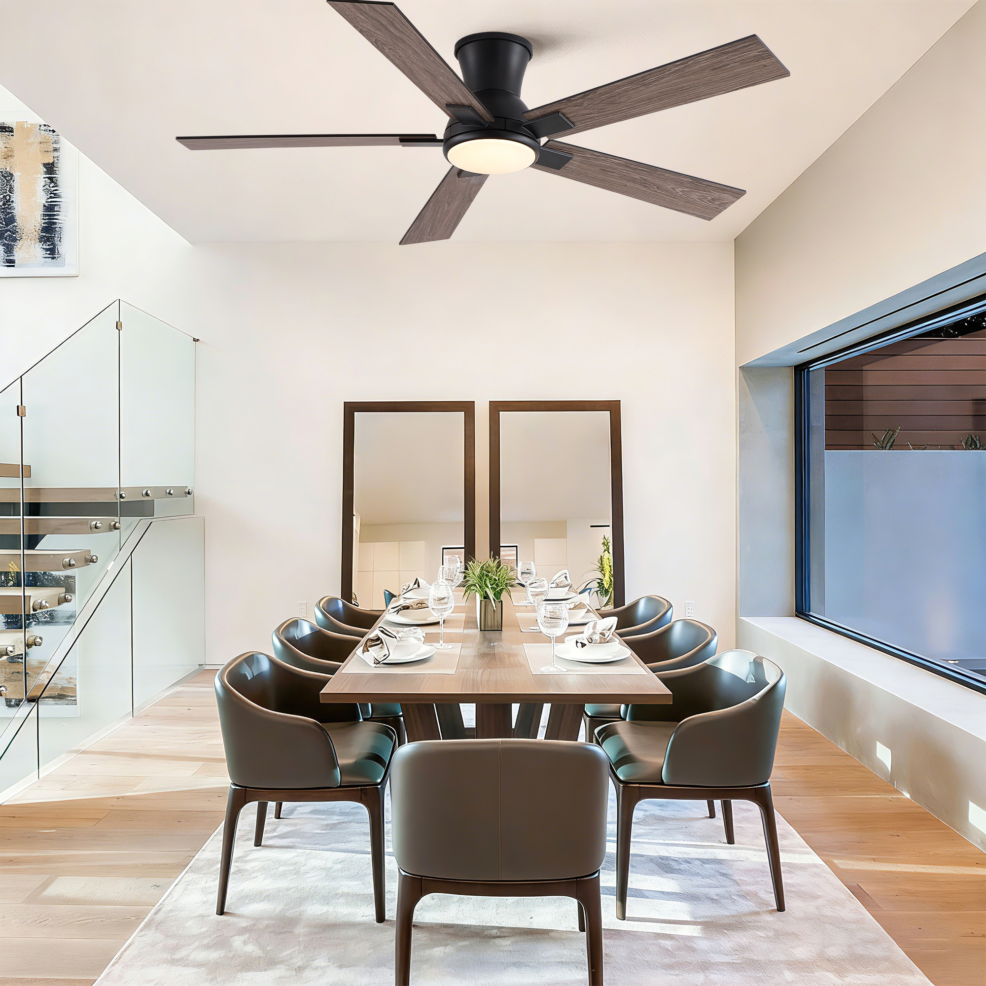 52" Matte Black Modern Low Profile Flush Mount Intergrated LED Ceiling Fan with Light and Reversible Quiet Motor - Image 6