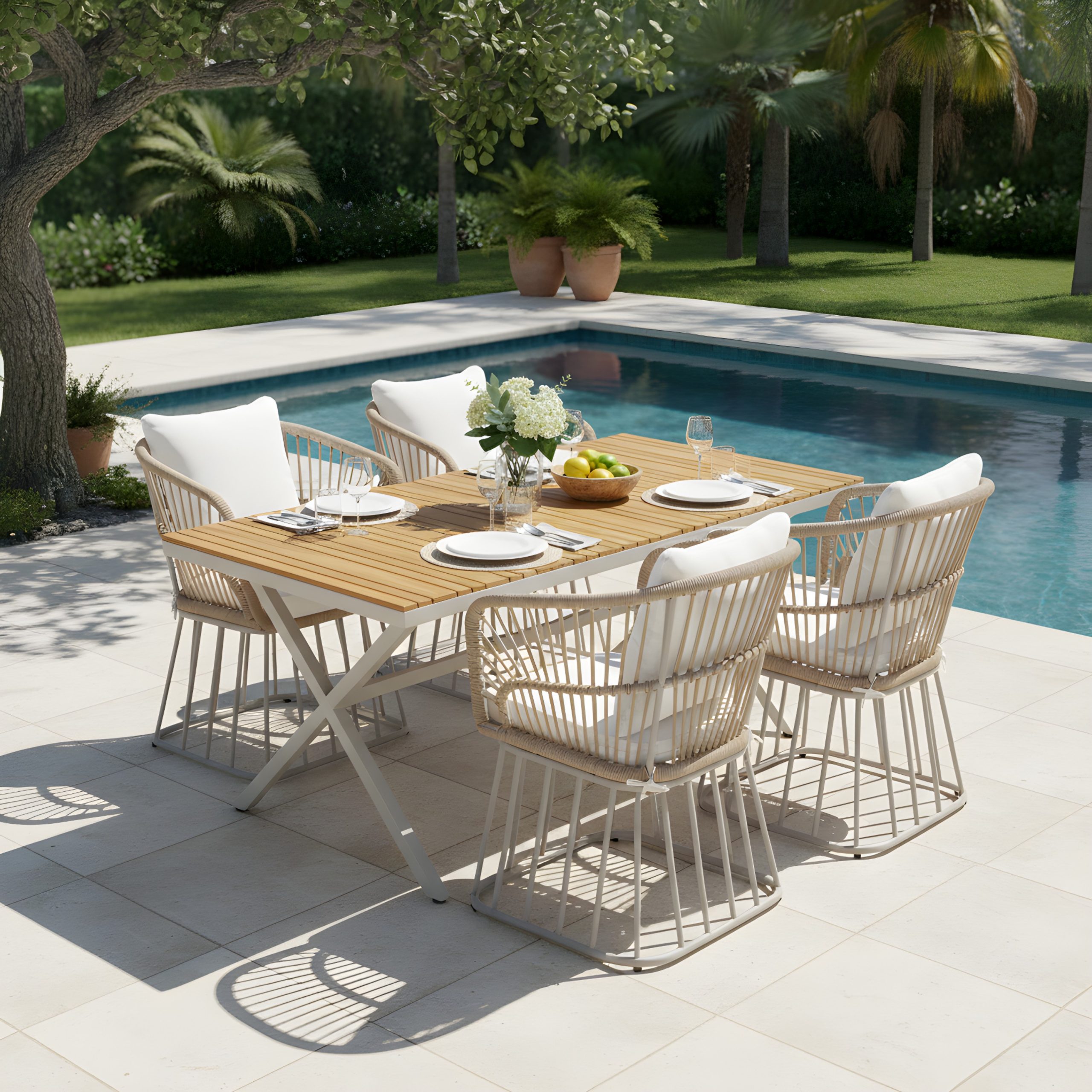 Outdoor 5-Piece Dining Set - Rectangular Teak Wood Table + 4 Wicker Chairs with Cushions, Beige Steel Frame, Teak Finish,Perfect for Patio, Deck, or Garden - Image 4