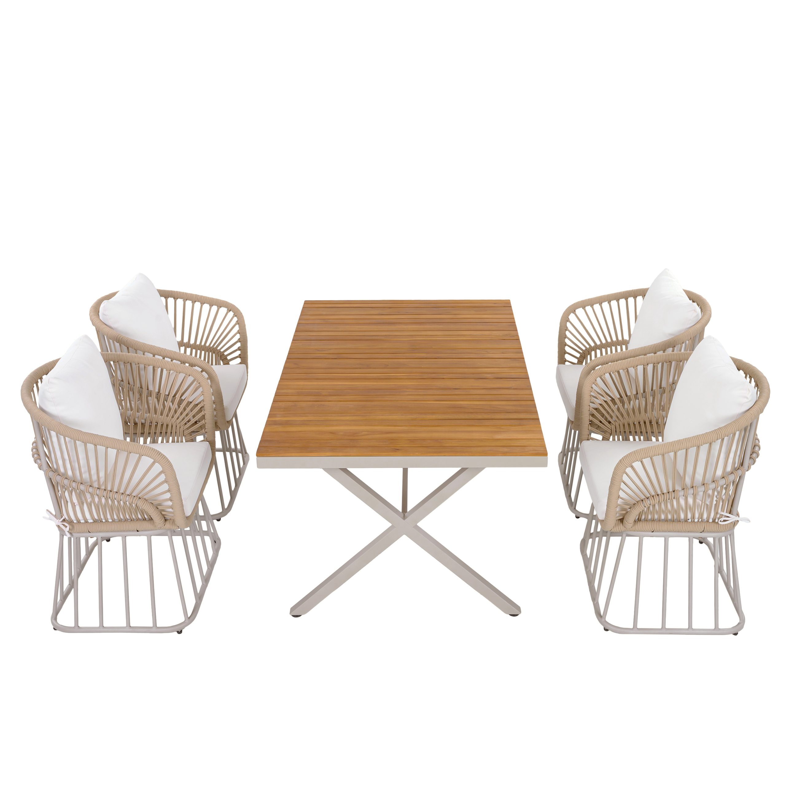 Outdoor 5-Piece Dining Set - Rectangular Teak Wood Table + 4 Wicker Chairs with Cushions, Beige Steel Frame, Teak Finish,Perfect for Patio, Deck, or Garden - Image 5