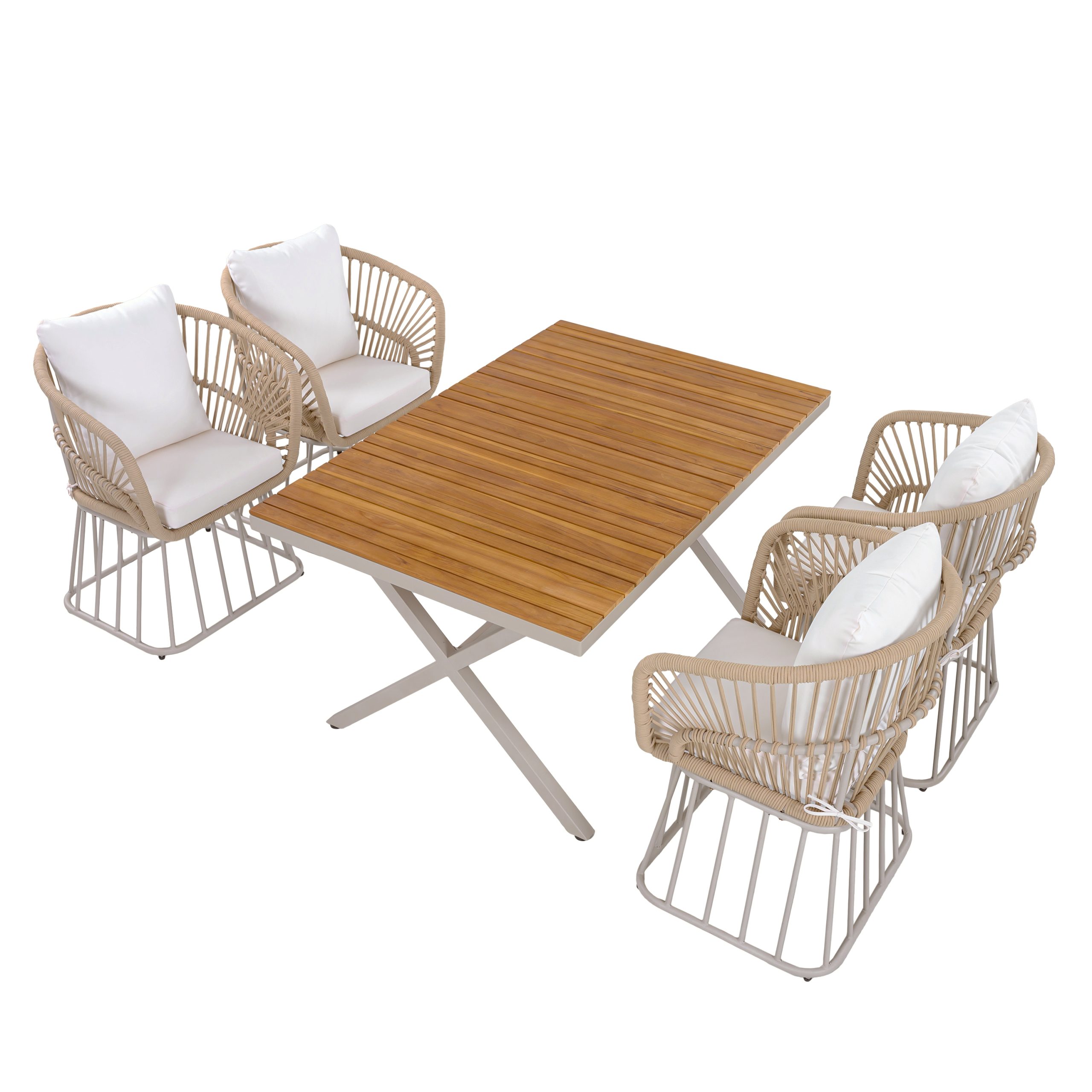 Outdoor 5-Piece Dining Set - Rectangular Teak Wood Table + 4 Wicker Chairs with Cushions, Beige Steel Frame, Teak Finish,Perfect for Patio, Deck, or Garden - Image 6