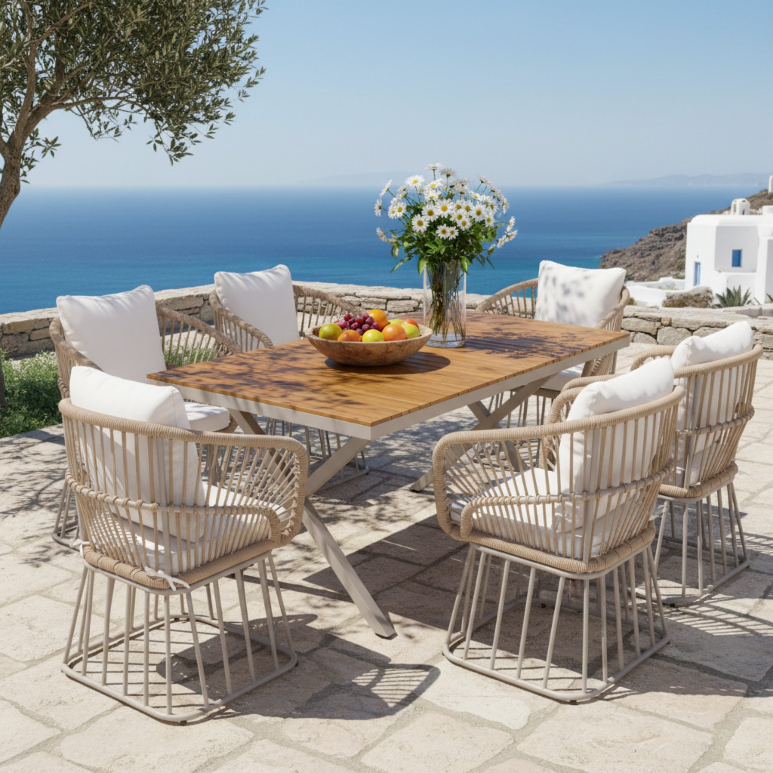 Outdoor 7-Piece Dining Set - Rectangular Teak Wood Table + 6 Wicker Chairs with Cushions, Beige Steel Frame, Teak Finish, Perfect for Patio, Deck, or Garden - Image 4