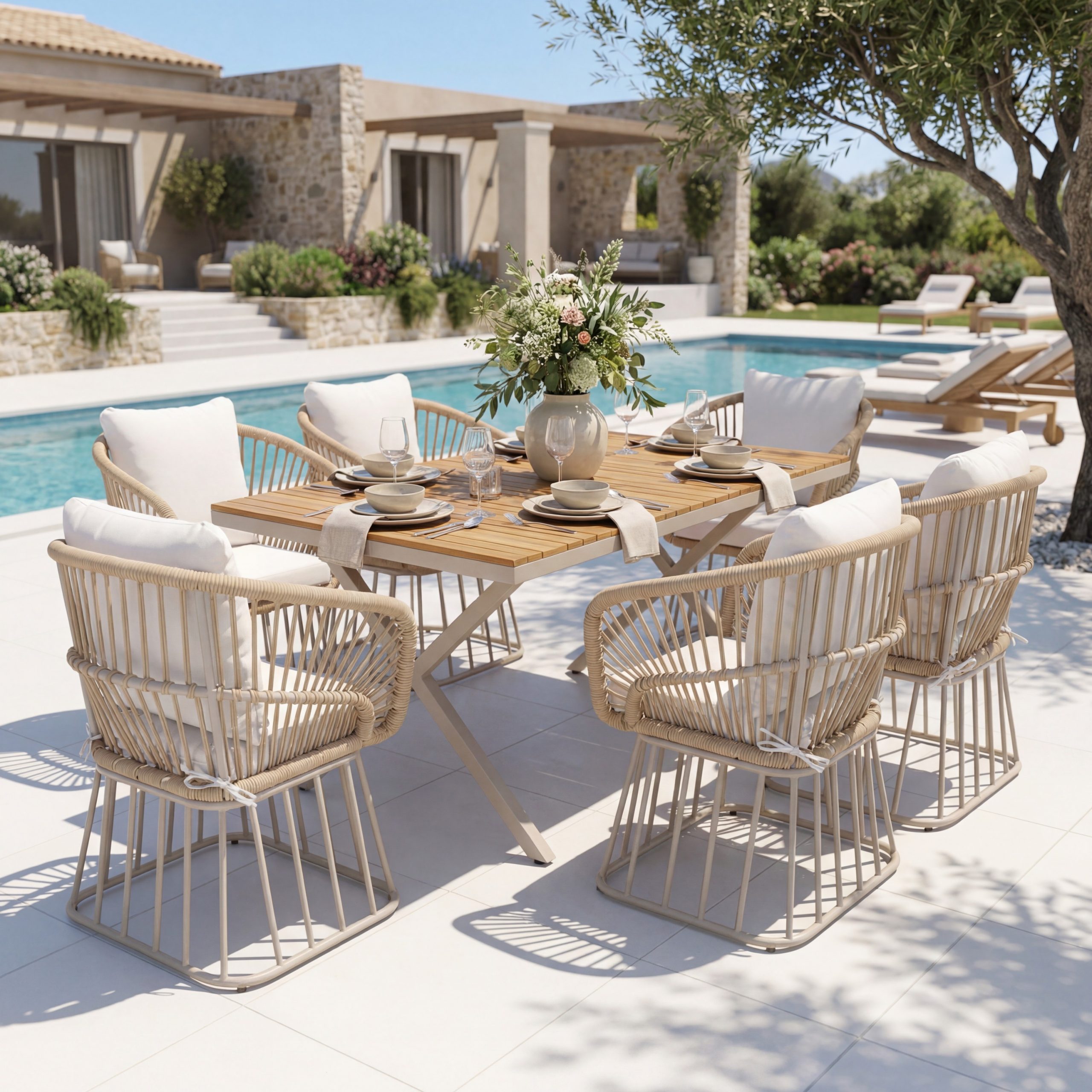 Outdoor 7-Piece Dining Set - Rectangular Teak Wood Table + 6 Wicker Chairs with Cushions, Beige Steel Frame, Teak Finish, Perfect for Patio, Deck, or Garden - Image 5