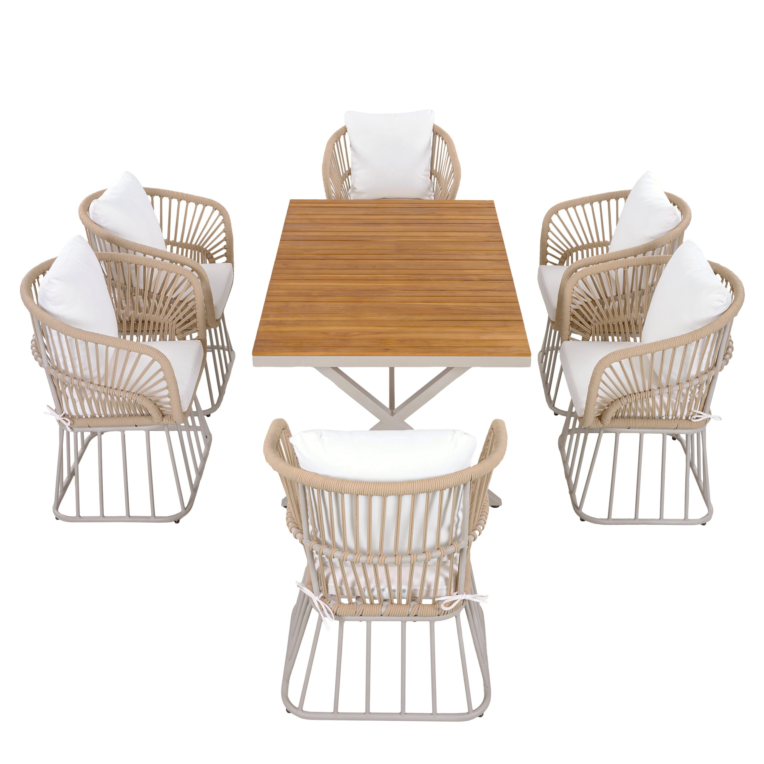 Outdoor 7-Piece Dining Set - Rectangular Teak Wood Table + 6 Wicker Chairs with Cushions, Beige Steel Frame, Teak Finish, Perfect for Patio, Deck, or Garden - Image 6