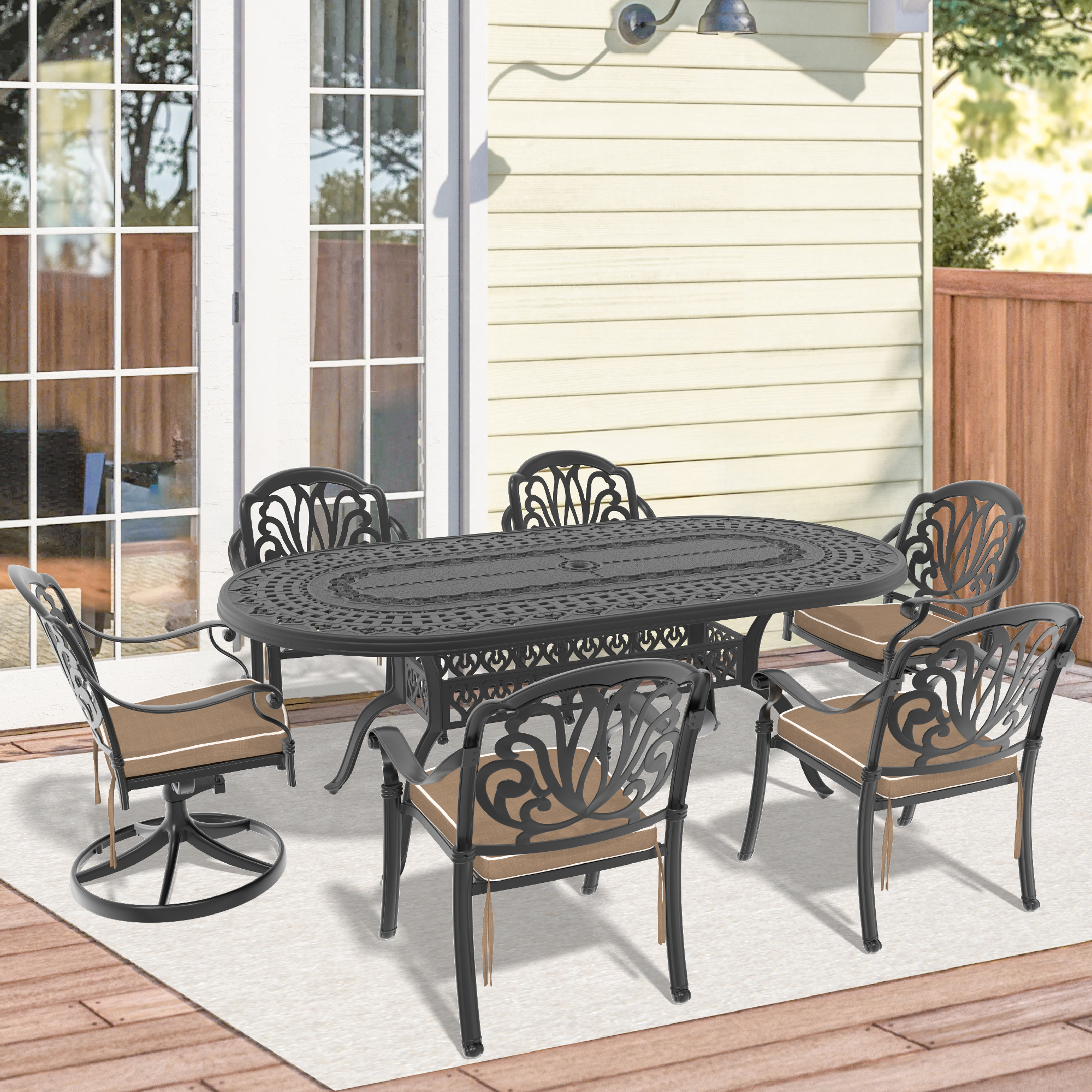 7-Piece All-Weather Cast Aluminum Dining Set, Include 2 Swivel Chairs,4 Dining Chairs and Oval Table With Black Frame (same sku:W1710S00391) - Image 1