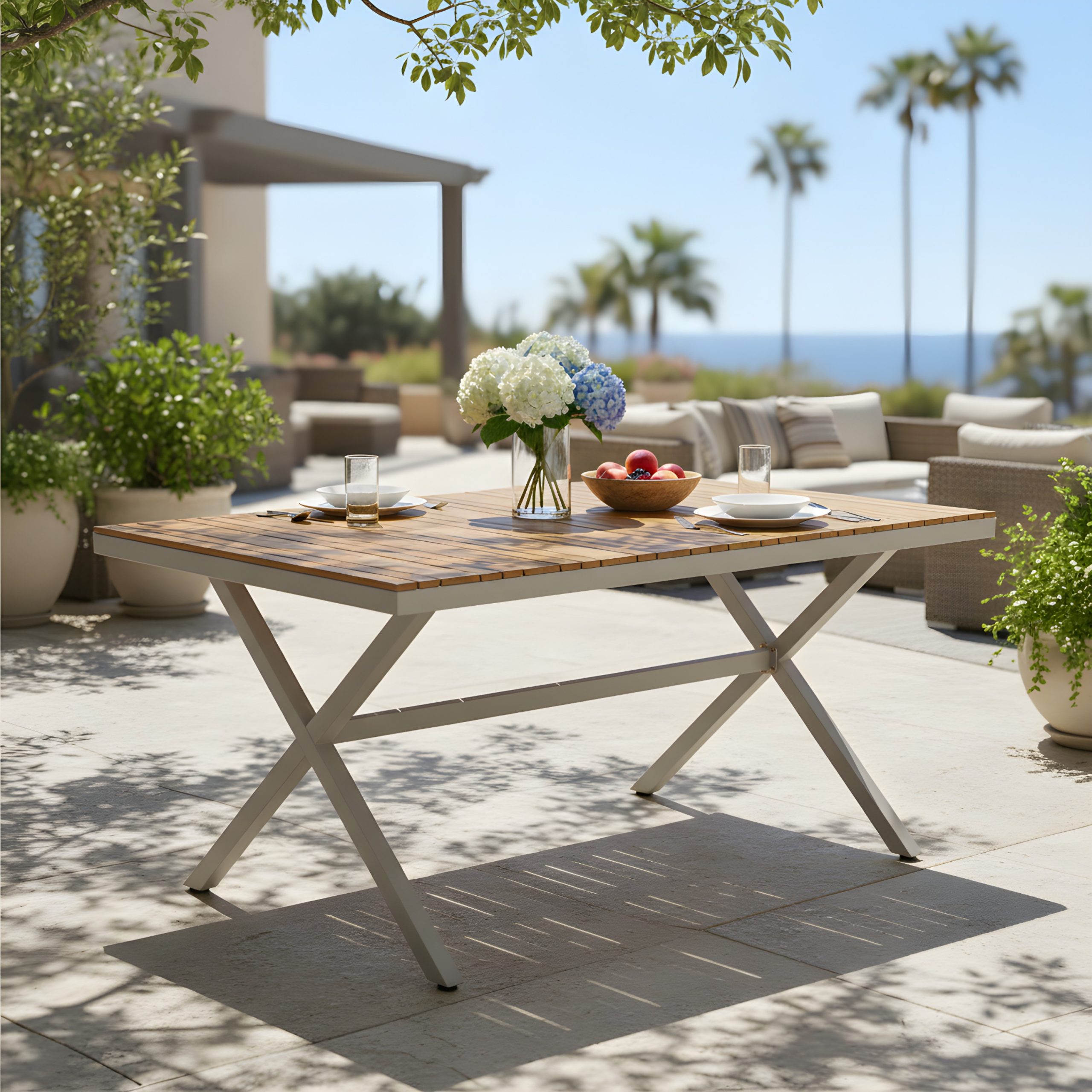 Teak Wood Top with Beige Steel Frame Outdoor Dining Table, 55.12" Rectangular Patio Table with X-Shaped Legs, Weather-Resistant for Backyard, Garden, Deck and Poolside - Image 2