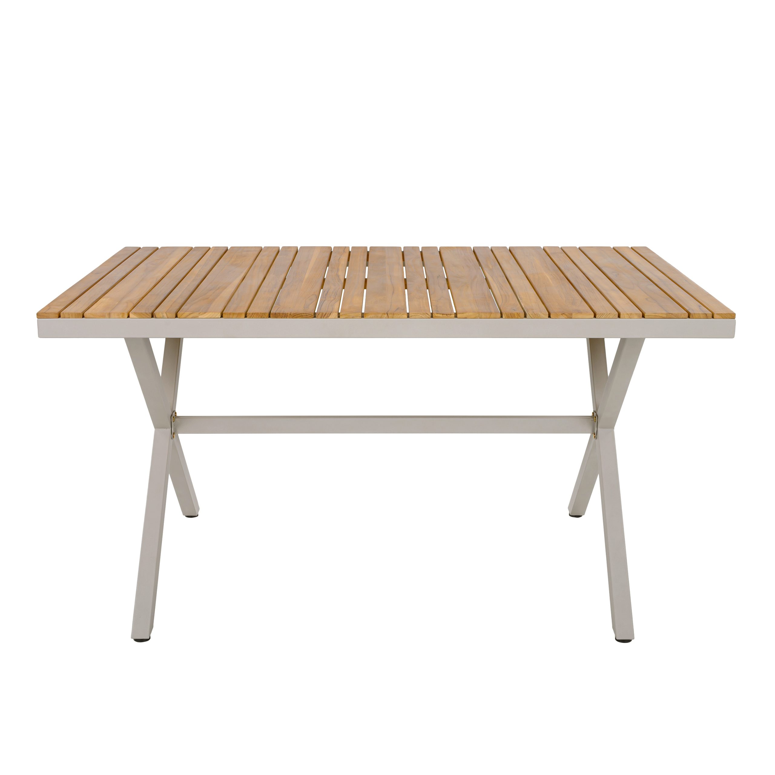 Teak Wood Top with Beige Steel Frame Outdoor Dining Table, 55.12" Rectangular Patio Table with X-Shaped Legs, Weather-Resistant for Backyard, Garden, Deck and Poolside - Image 4