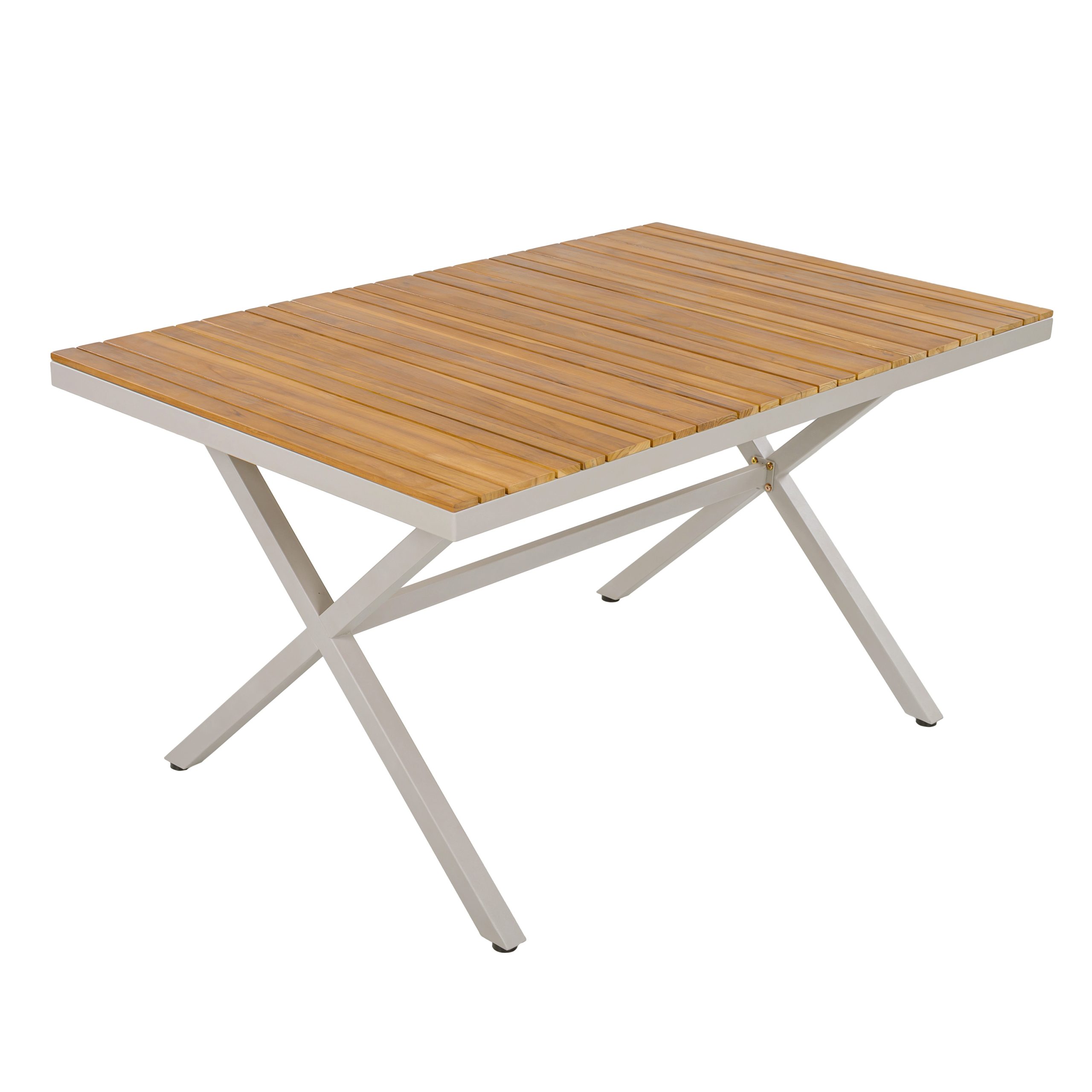 Teak Wood Top with Beige Steel Frame Outdoor Dining Table, 55.12" Rectangular Patio Table with X-Shaped Legs, Weather-Resistant for Backyard, Garden, Deck and Poolside - Image 5