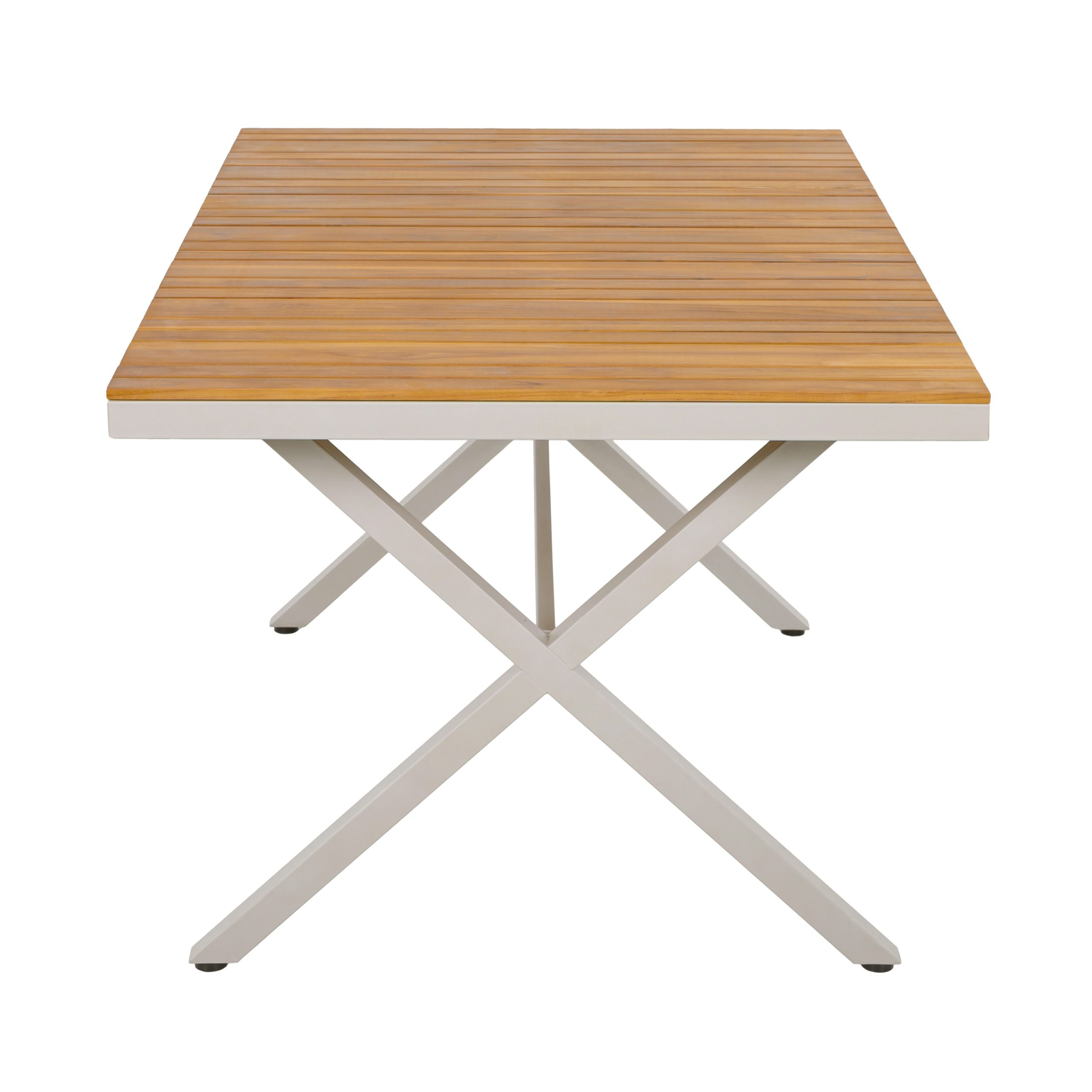 Teak Wood Top with Beige Steel Frame Outdoor Dining Table, 55.12" Rectangular Patio Table with X-Shaped Legs, Weather-Resistant for Backyard, Garden, Deck and Poolside - Image 6