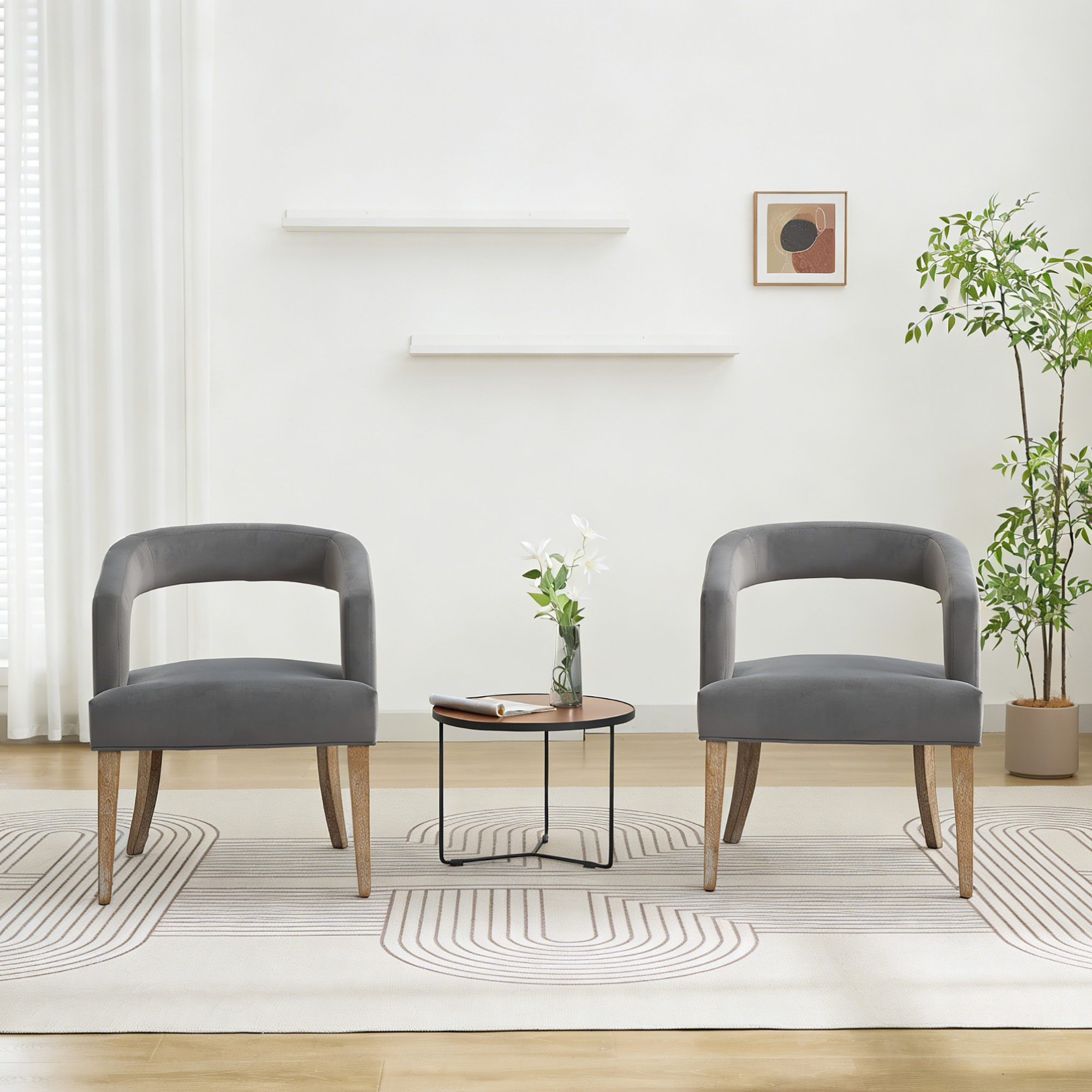 25.79" Wide Modern Barrel Open Back Upholstered Velvet Accent Chair Set Of 2 with Weathered Solid Wood Legs Club Dining Chairs for Dining Room, Club, Kitchen and Living Room. Gray - Image 2