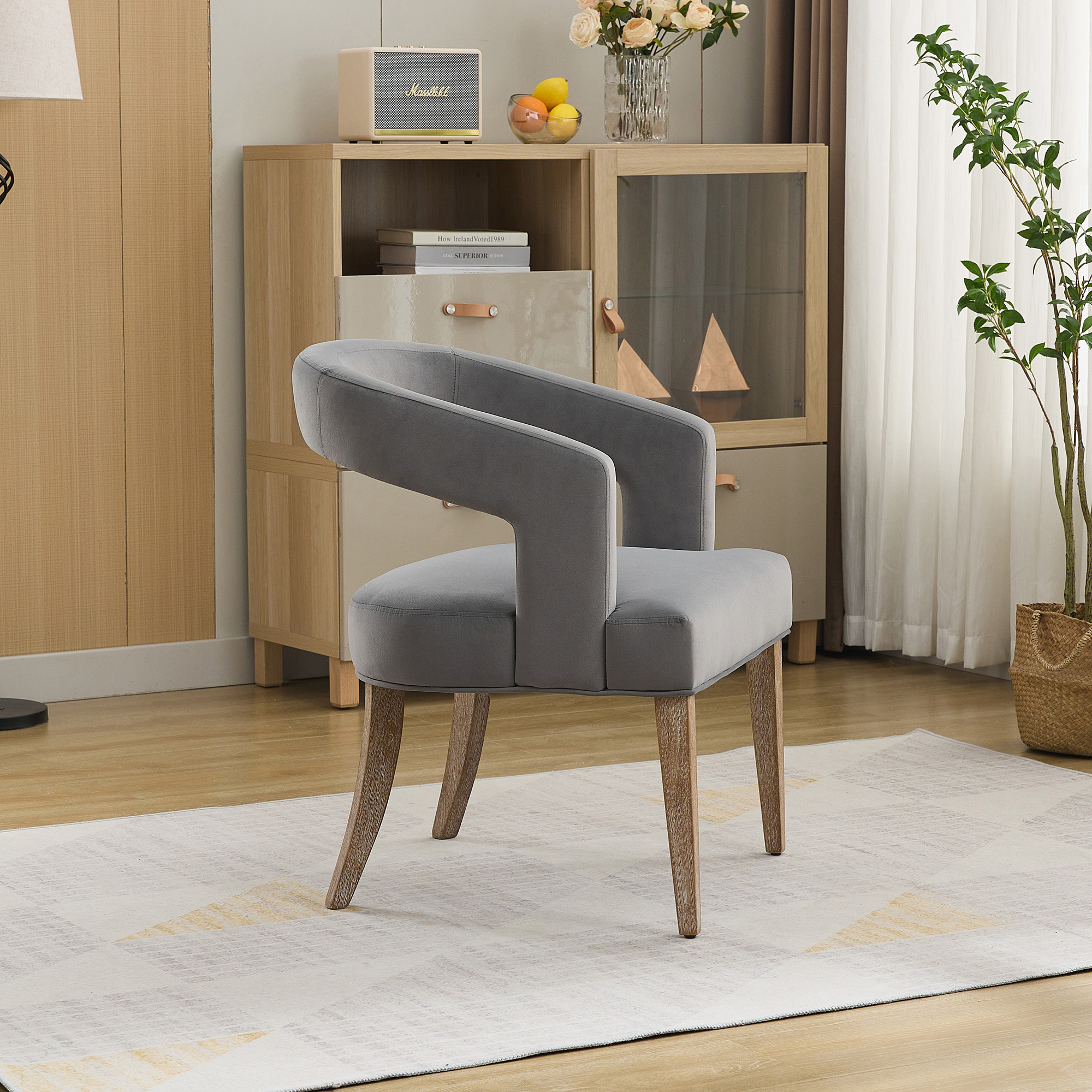 25.79" Wide Modern Barrel Open Back Upholstered Accent Chair with Weathered Solid Wood Legs Dining Chairs for Dining Room, Club, Kitchen and Living Room. Gray Velvet - Image 4