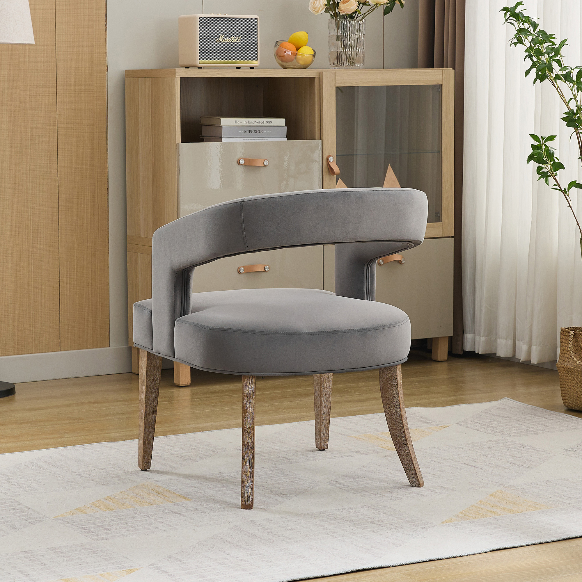 25.79" Wide Modern Barrel Open Back Upholstered Velvet Accent Chair Set Of 2 with Weathered Solid Wood Legs Club Dining Chairs for Dining Room, Club, Kitchen and Living Room. Gray - Image 6