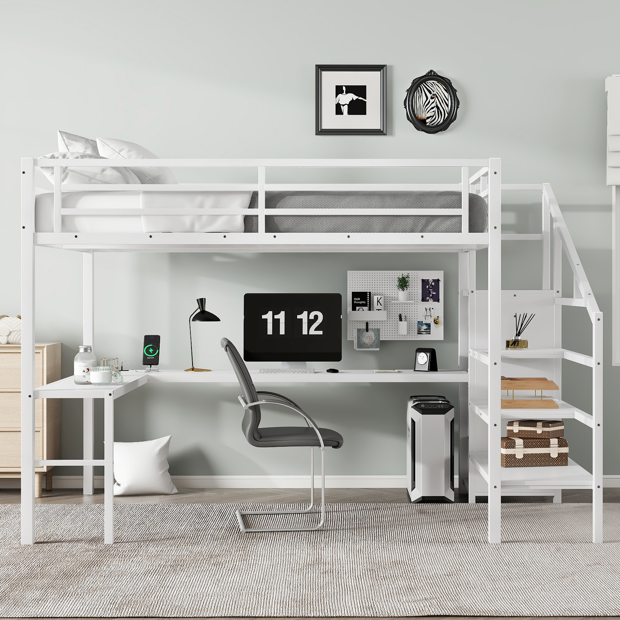 Queen Size Loft Bed with L-shaped Desk and USB, Metal Loft Bed with Wardrobe and Adjustable Shelf, High Loft Bed with LED for Kids Teens Adults, White - Image 4